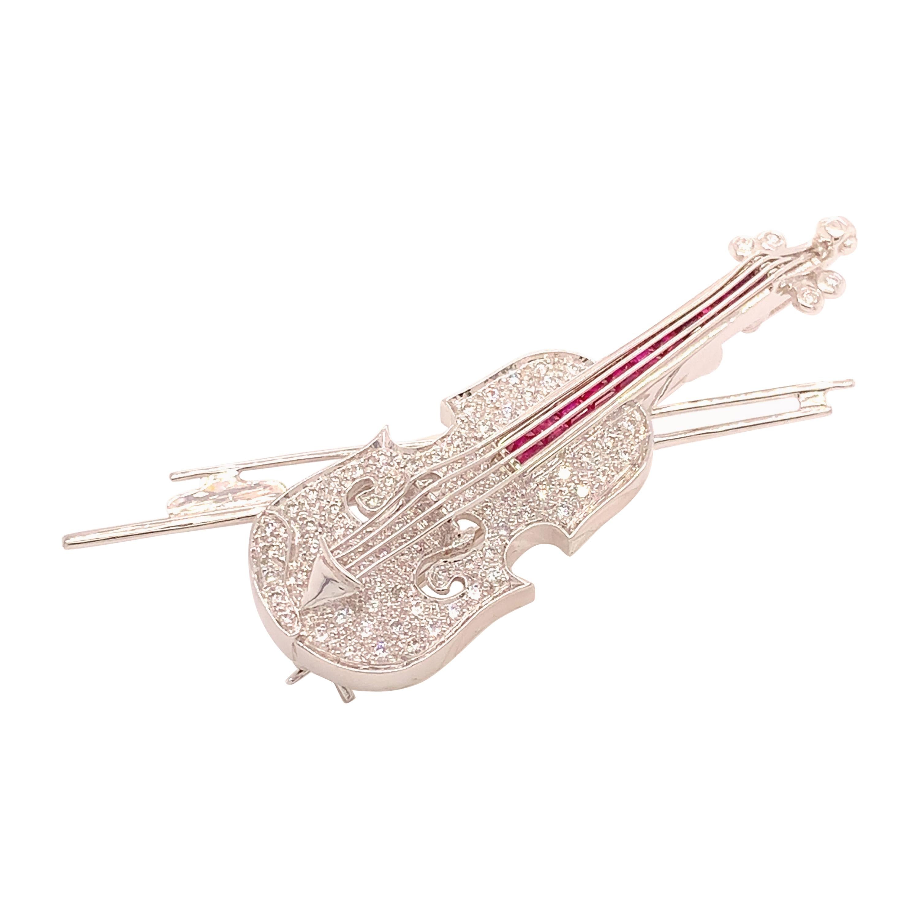 18k White Gold Genuine Natural Diamond and Ruby Violin Viola Brooch Pin '#J4846' For Sale