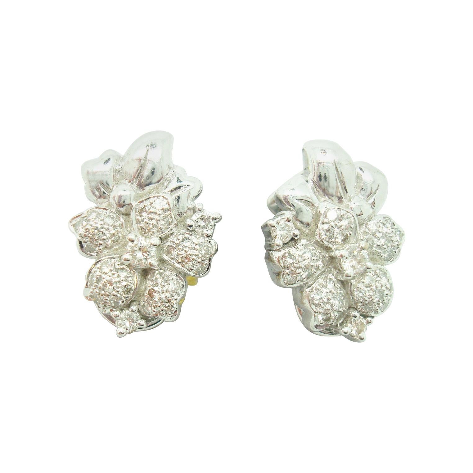 18k White Gold Genuine Natural Diamond Flower Earrings 1.2 Carats '#J1779' For Sale
