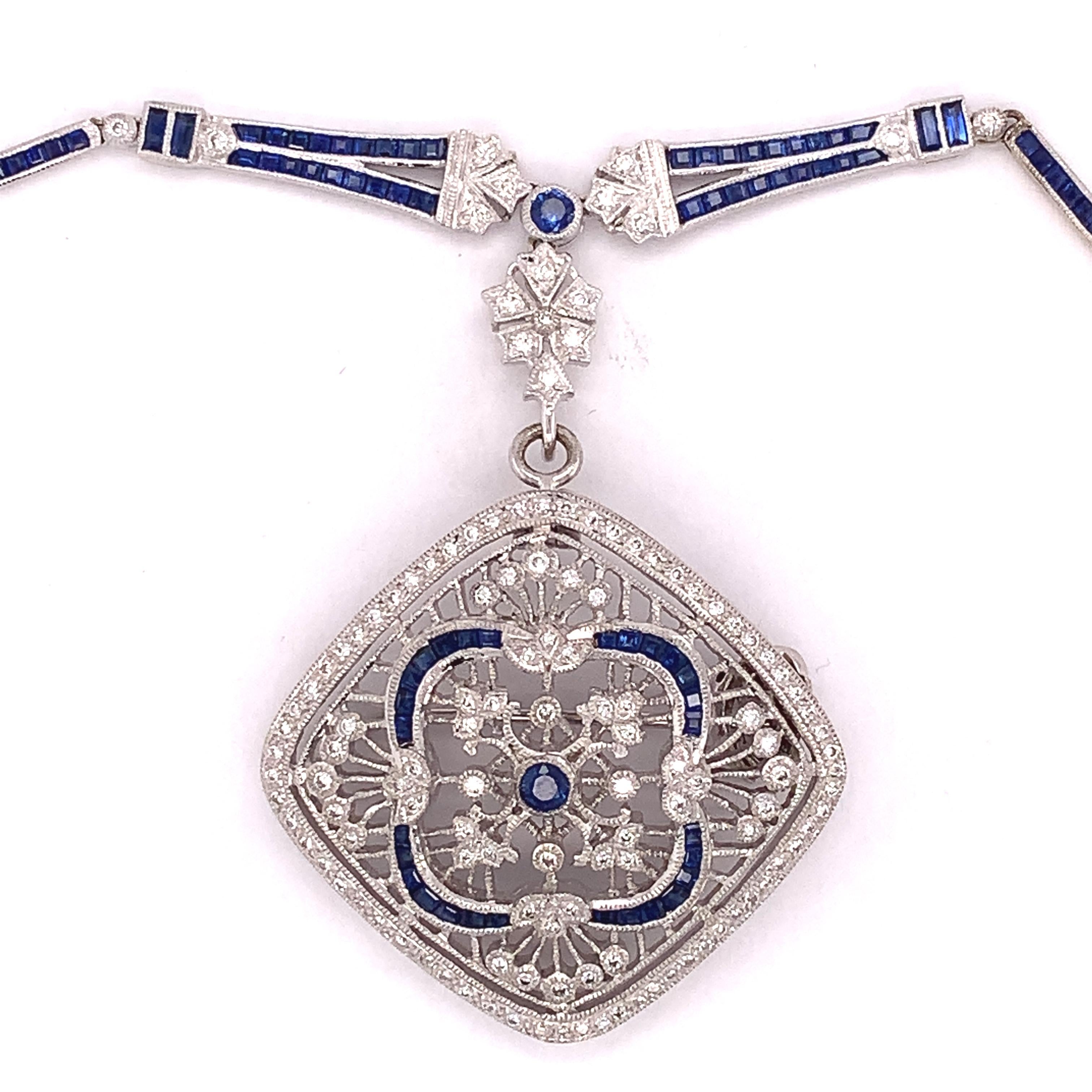 18k White Gold Genuine Natural Sapphire and Diamond Deco Style Necklace (#J4854)

Incredible 18k white gold sapphire and diamond necklace. There are six carats of specialty cut blue sapphires and just over one carat of diamonds - exactly 1.09