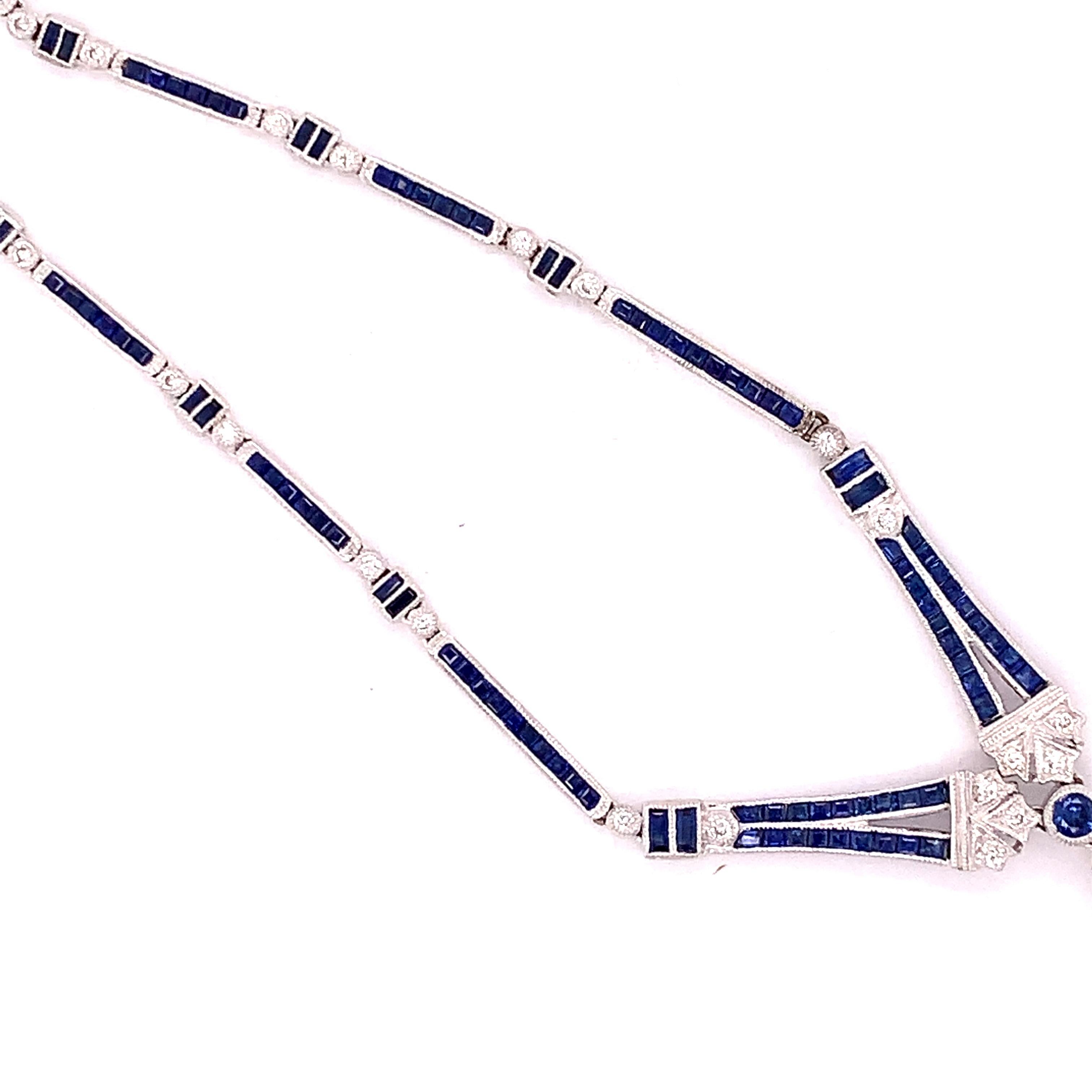 Round Cut 18k White Gold Genuine Natural Sapphire and Diamond Deco Style Necklace '#J4854'