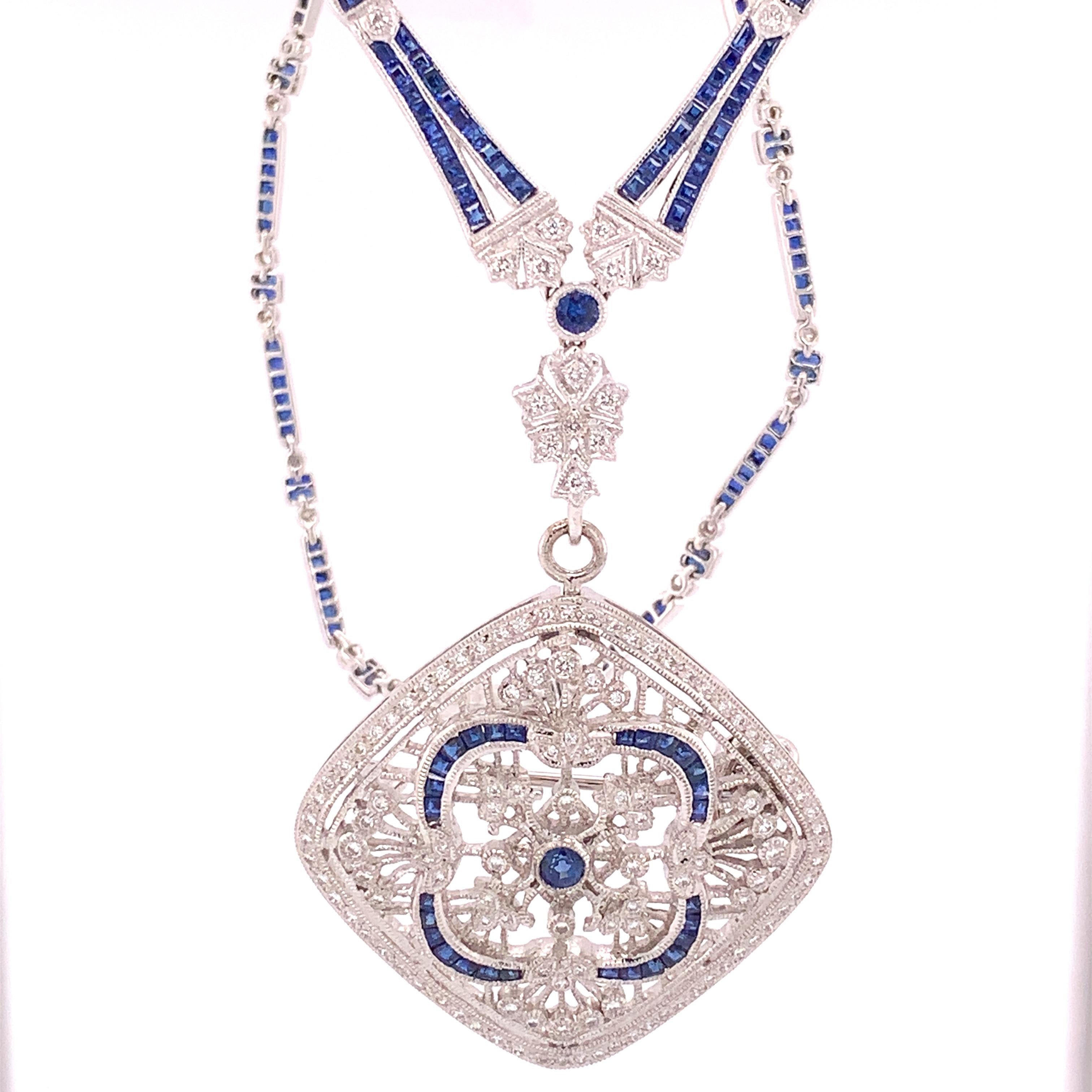 18k White Gold Genuine Natural Sapphire and Diamond Deco Style Necklace '#J4854' 1