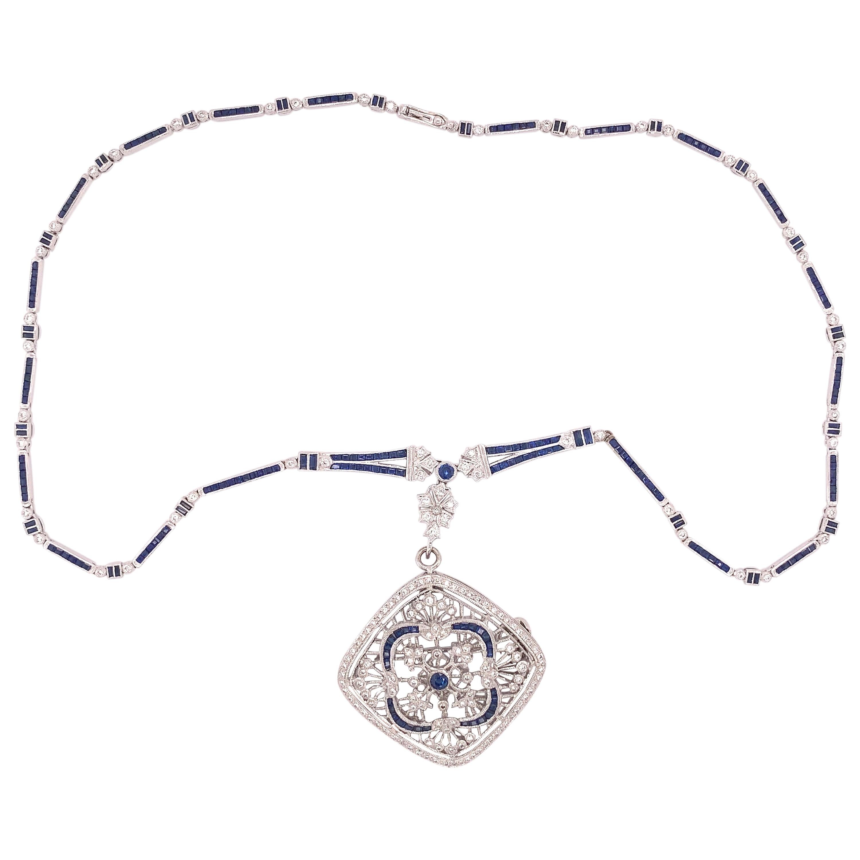 18k White Gold Genuine Natural Sapphire and Diamond Deco Style Necklace '#J4854'
