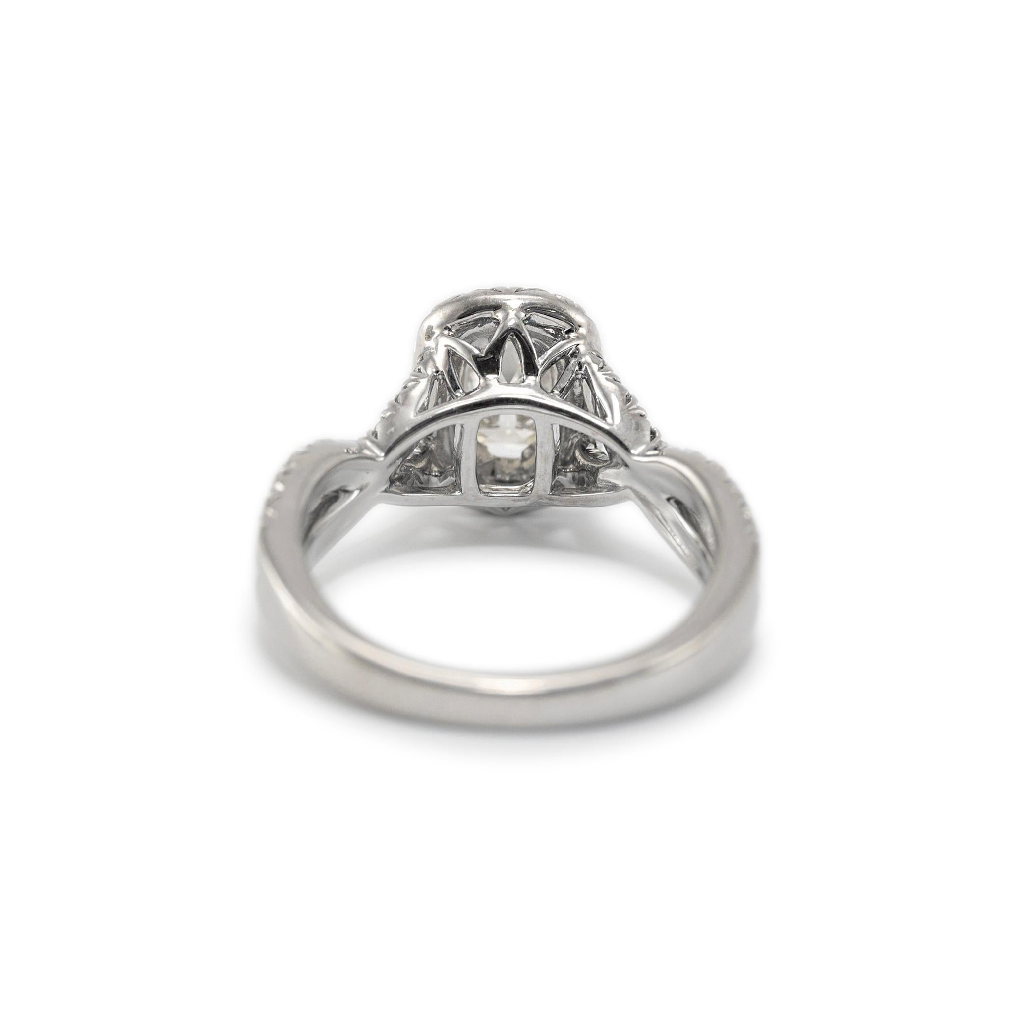 18K White Gold GIA 1.01ct Cushion Cut Diamond Crossover Shank Engagement Ring For Sale 1