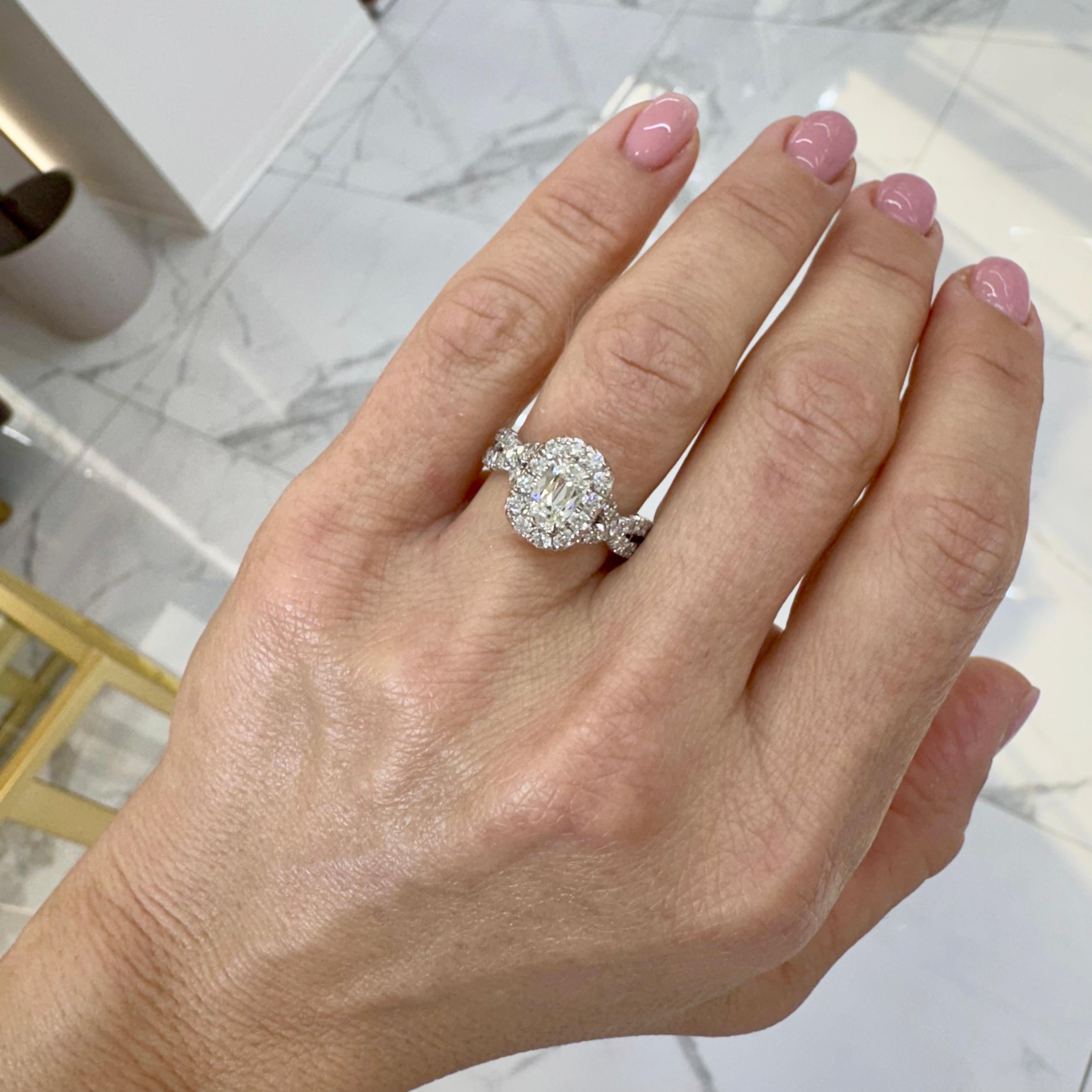 18K White Gold GIA 1.01ct Cushion Cut Diamond Crossover Shank Engagement Ring For Sale 5