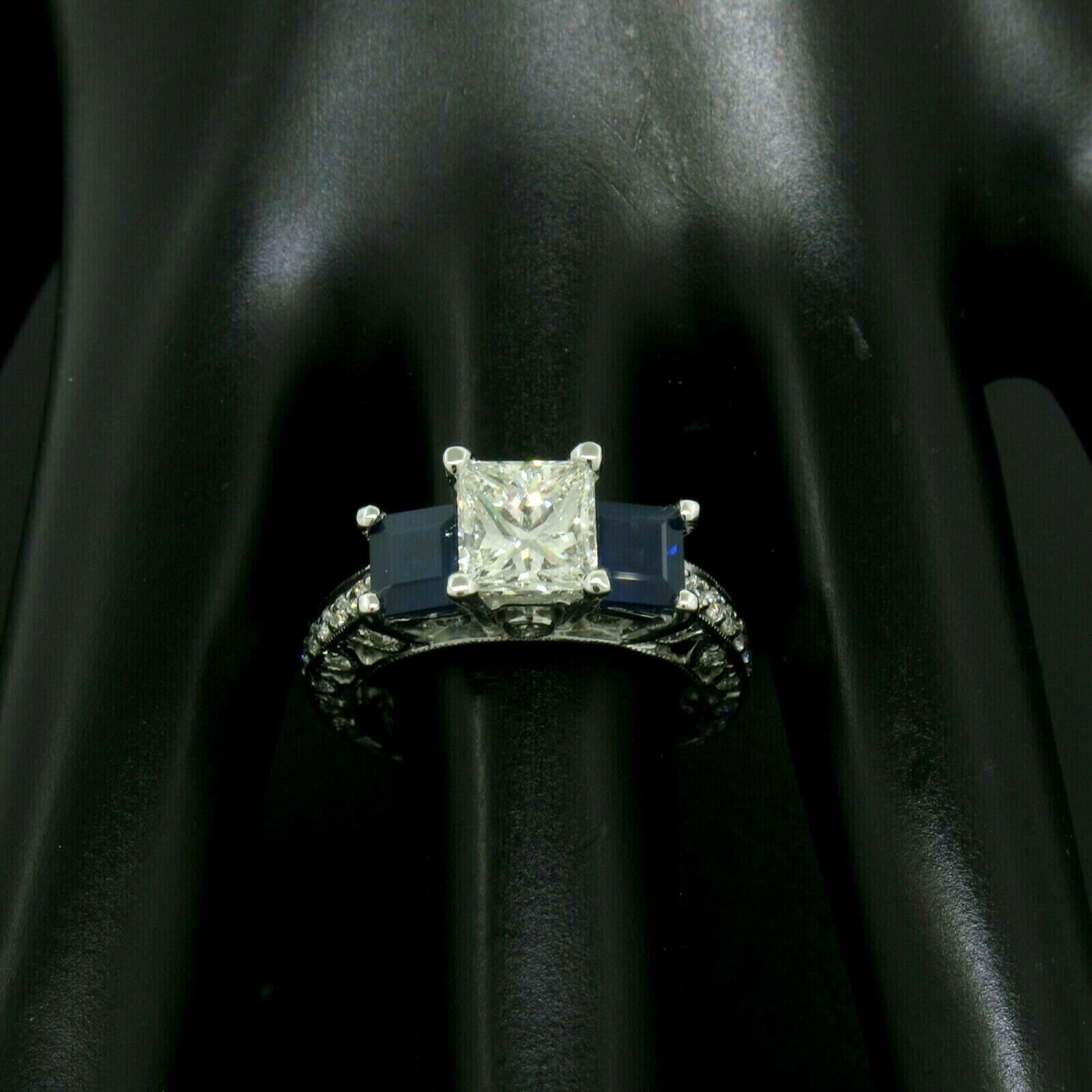 18 Karat Gold GIA 1.51 Carat Princess Cut Diamond Sapphire 3-Stone Ring For Sale 3