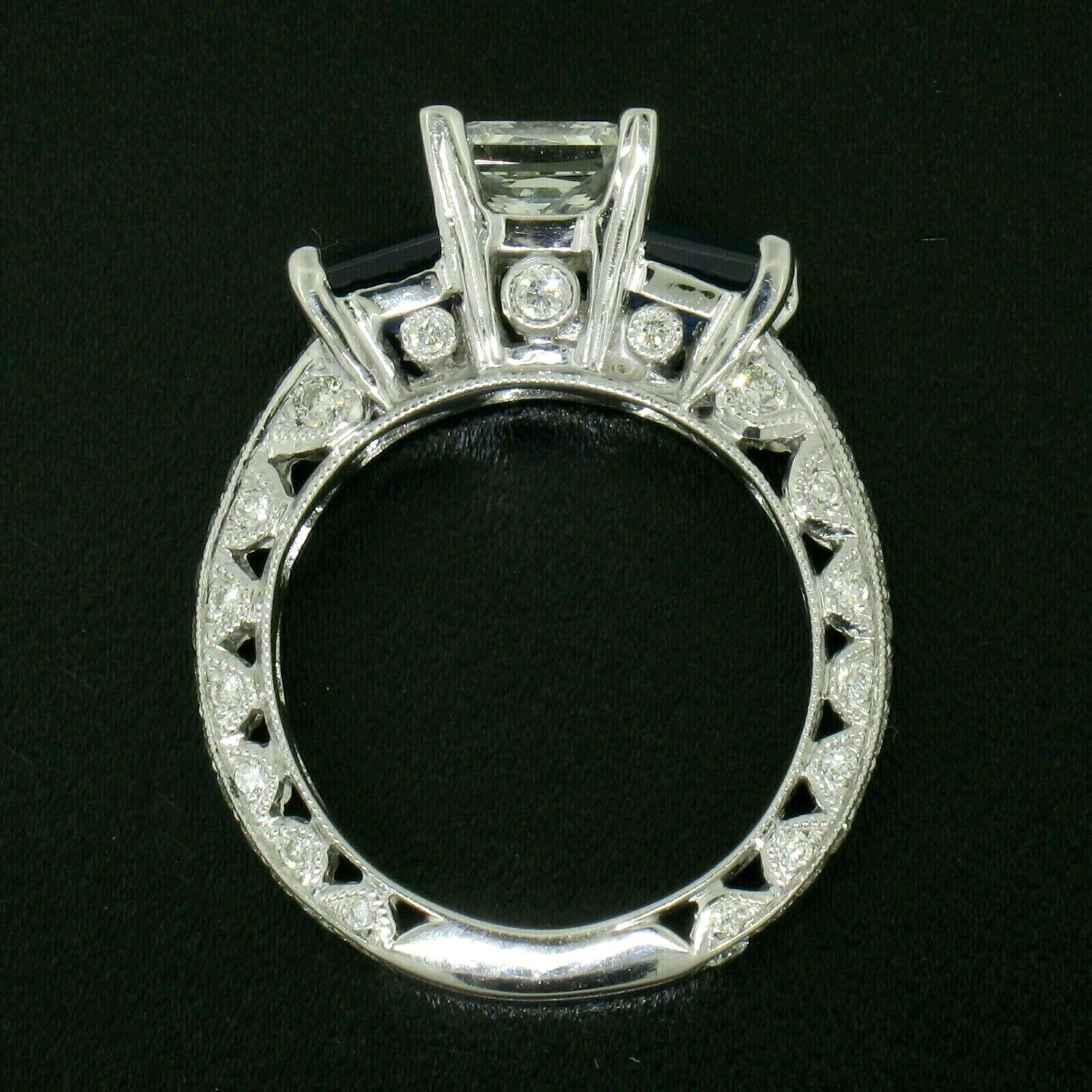 18 Karat Gold GIA 1.51 Carat Princess Cut Diamond Sapphire 3-Stone Ring For Sale 4