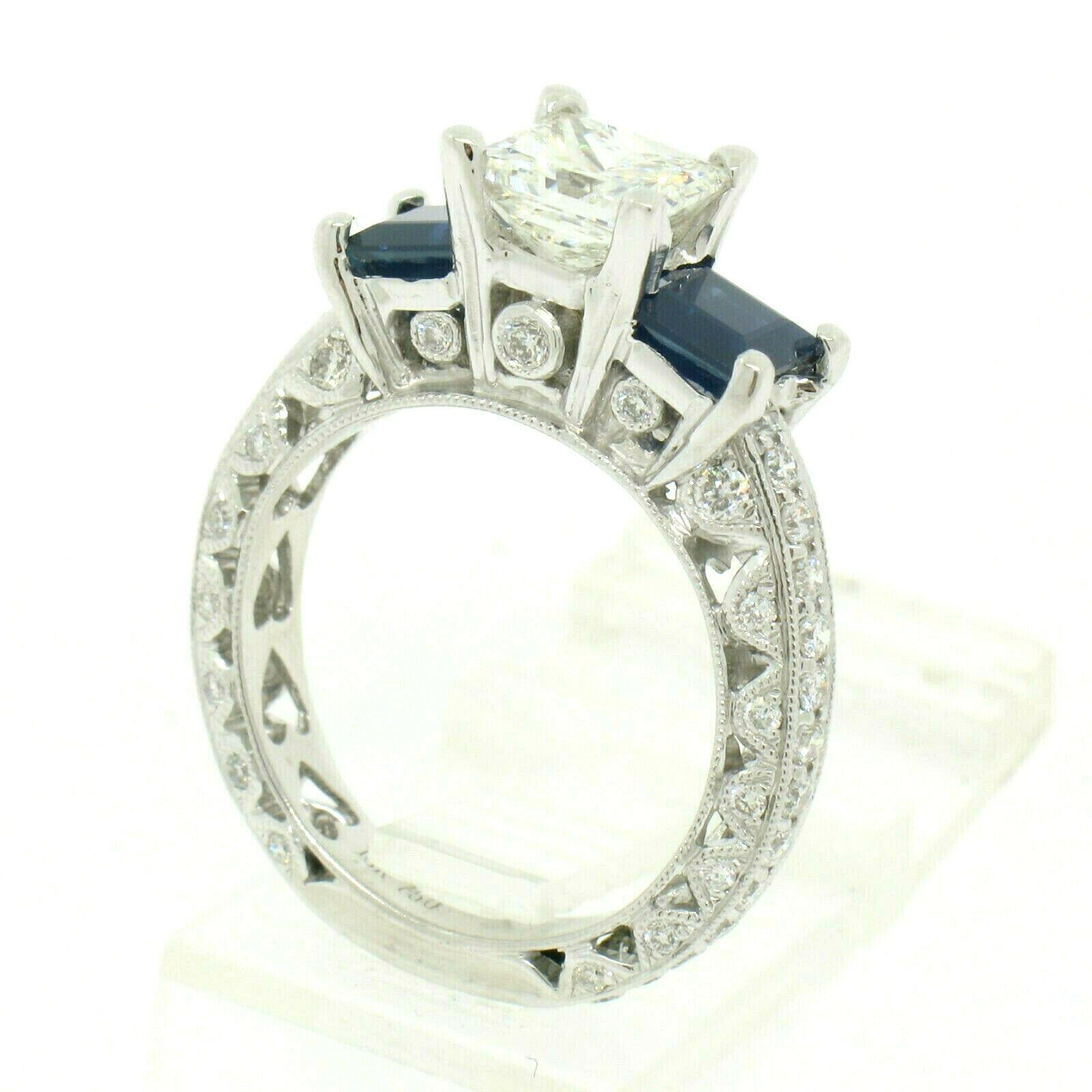 Art Deco 18 Karat Gold GIA 1.51 Carat Princess Cut Diamond Sapphire 3-Stone Ring