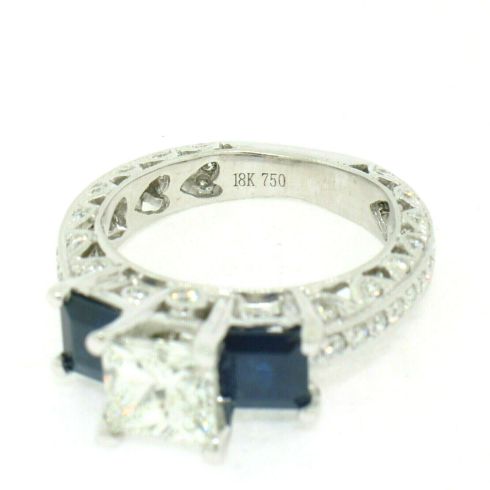 18 Karat Gold GIA 1.51 Carat Princess Cut Diamond Sapphire 3-Stone Ring In New Condition For Sale In Montclair, NJ
