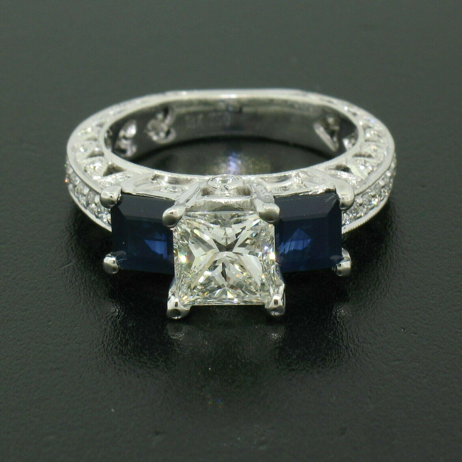 Women's 18 Karat Gold GIA 1.51 Carat Princess Cut Diamond Sapphire 3-Stone Ring For Sale