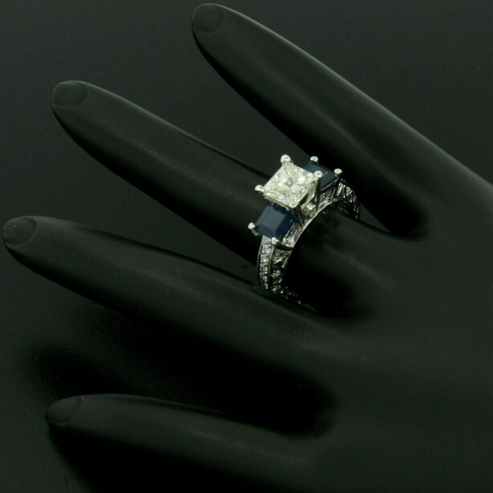 18 Karat Gold GIA 1.51 Carat Princess Cut Diamond Sapphire 3-Stone Ring For Sale 1