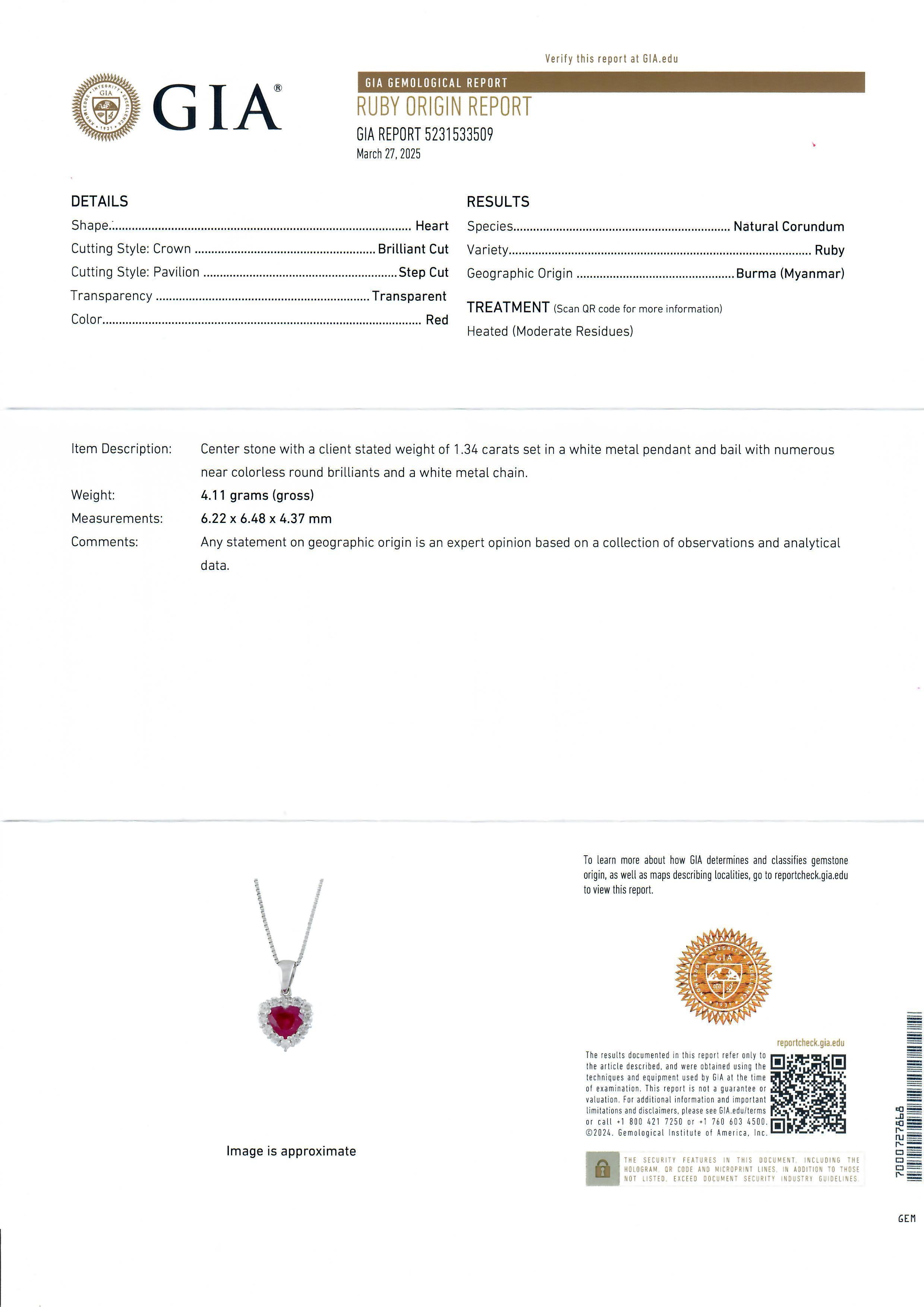 --Stone(s):--
(1) Natural Genuine Ruby - Heart Cut - Prong Set - Vivid Red Color - Burma - Heated - 1.34ct (exact, stamped)
*See Certification Details Below*
(12) Natural Genuine Diamonds - Round Brilliant Cut - Prong Set - Nice White Color -