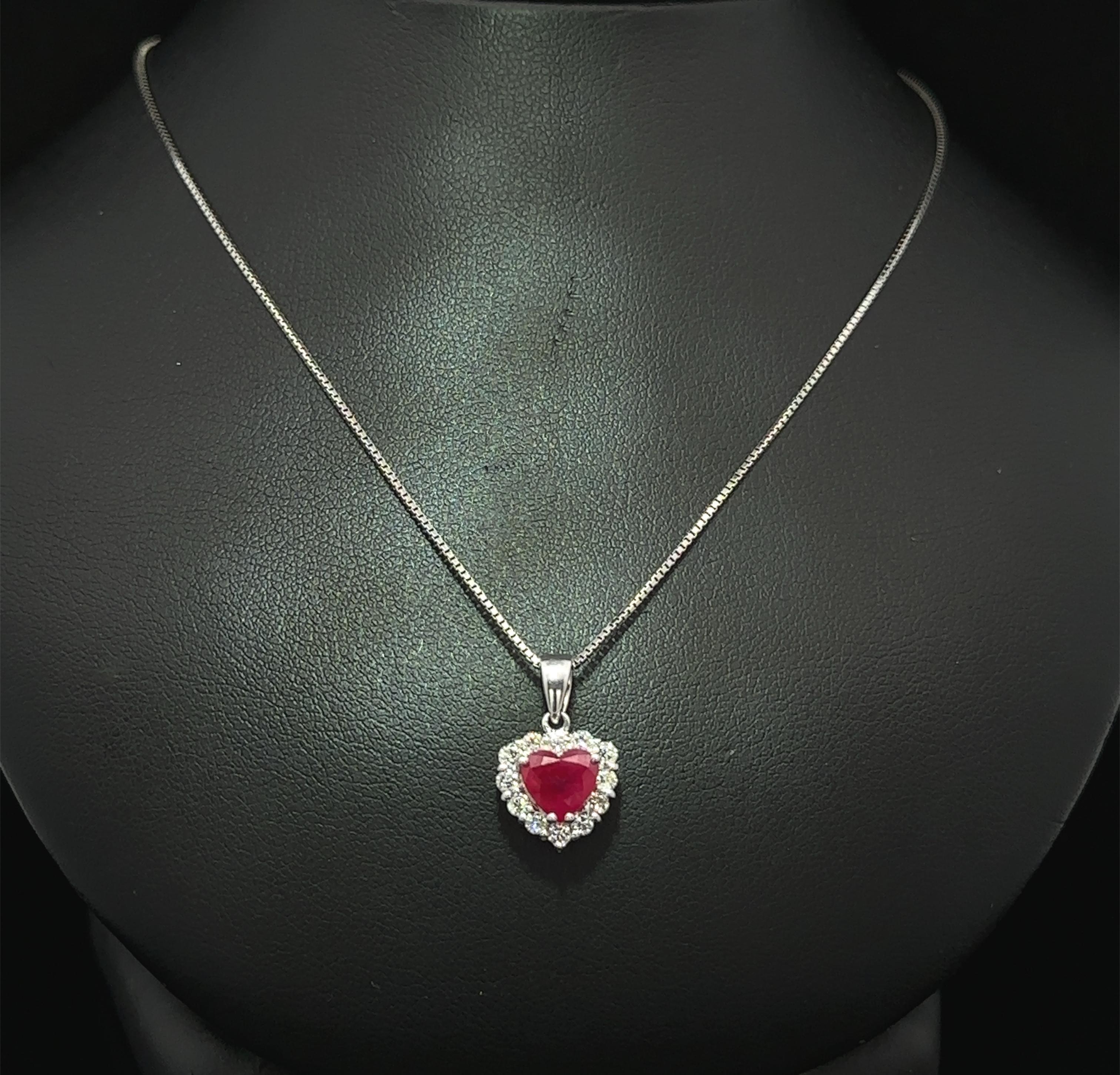18k White Gold GIA 1.74ctw Burma Ruby w/ Diamond Halo Heart Pendant Necklace For Sale 1