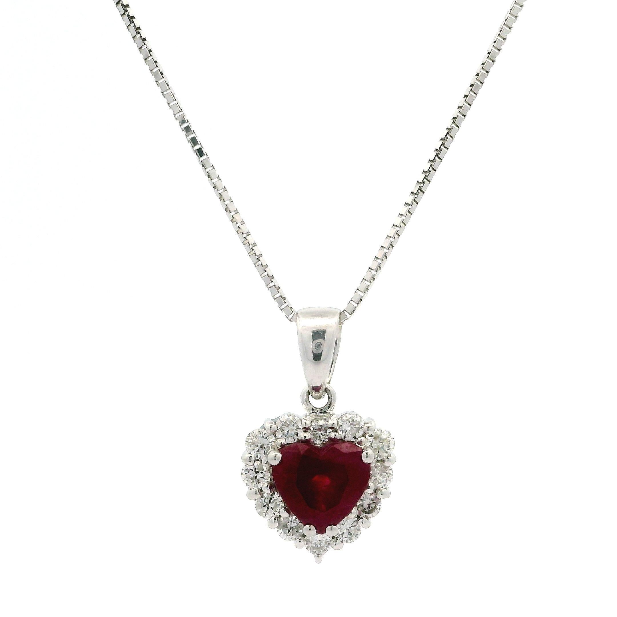 18k White Gold GIA 1.74ctw Burma Ruby w/ Diamond Halo Heart Pendant Necklace For Sale 2