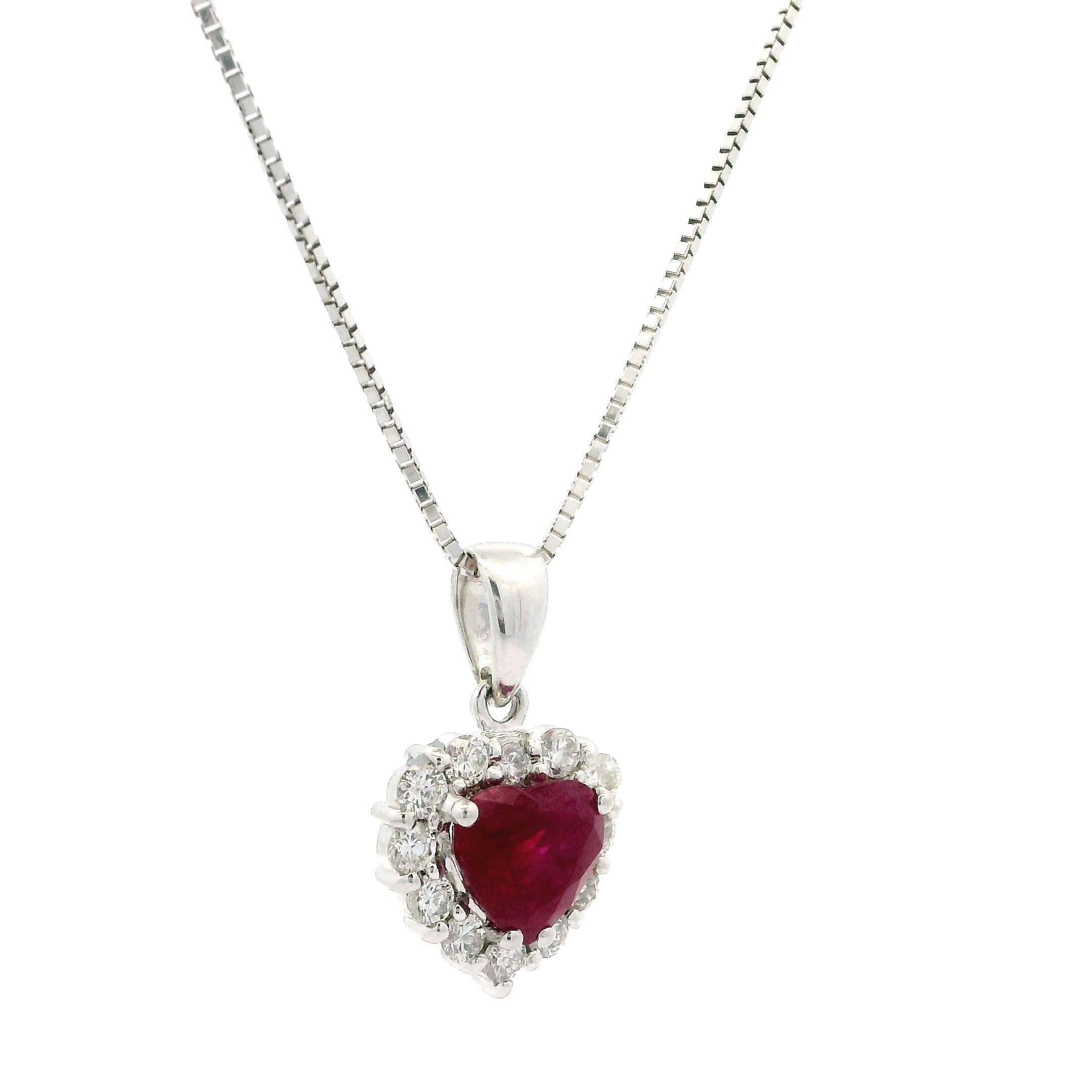 18k White Gold GIA 1.74ctw Burma Ruby w/ Diamond Halo Heart Pendant Necklace For Sale 3
