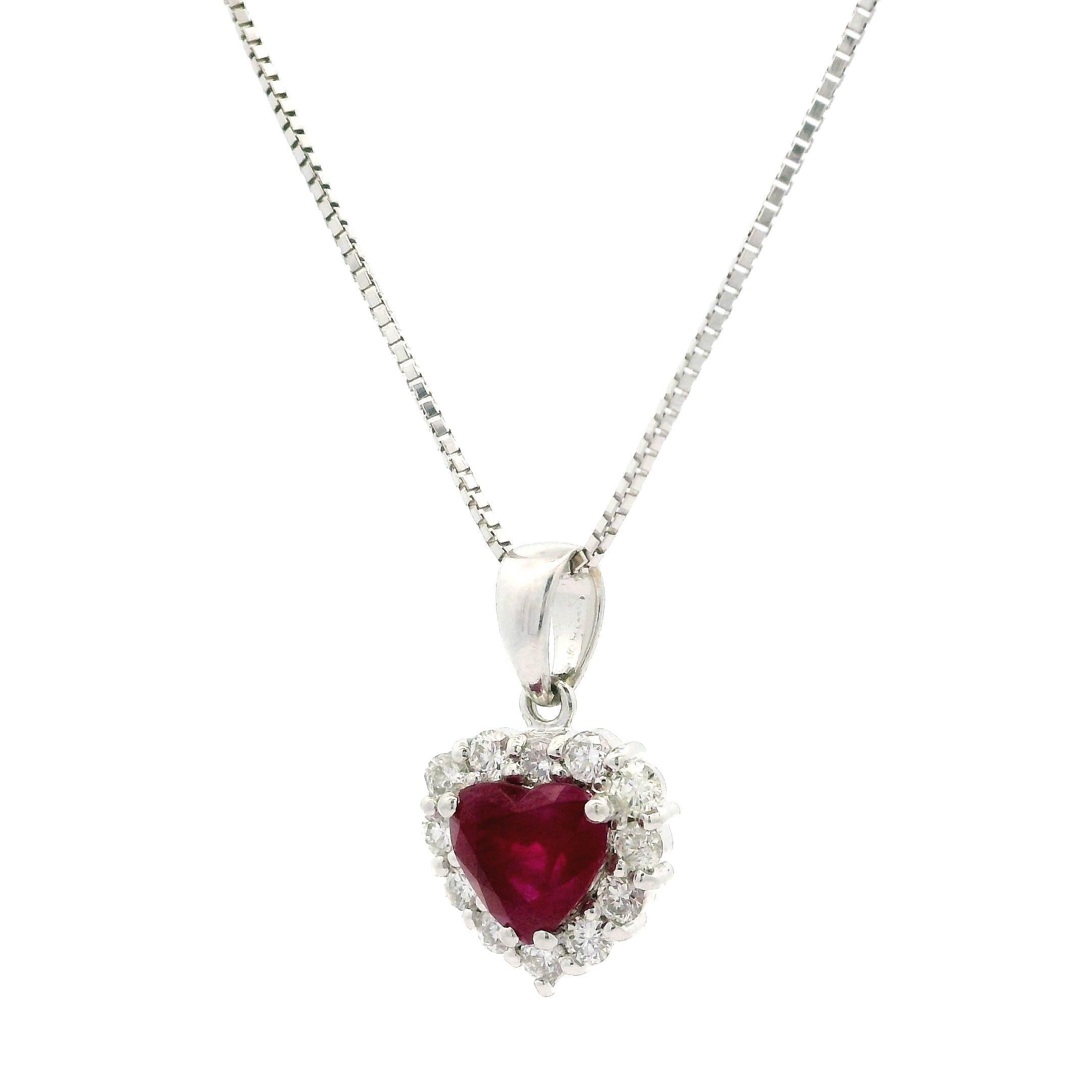 18k White Gold GIA 1.74ctw Burma Ruby w/ Diamond Halo Heart Pendant Necklace For Sale 4
