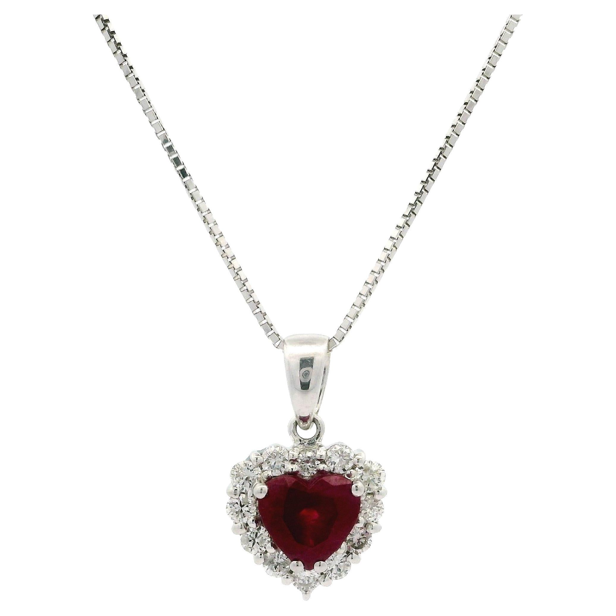 18k White Gold GIA 1.74ctw Burma Ruby w/ Diamond Halo Heart Pendant Necklace