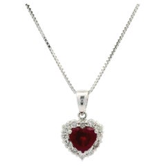 18k White Gold GIA 1.74ctw Burma Ruby w/ Diamond Halo Heart Pendant Necklace