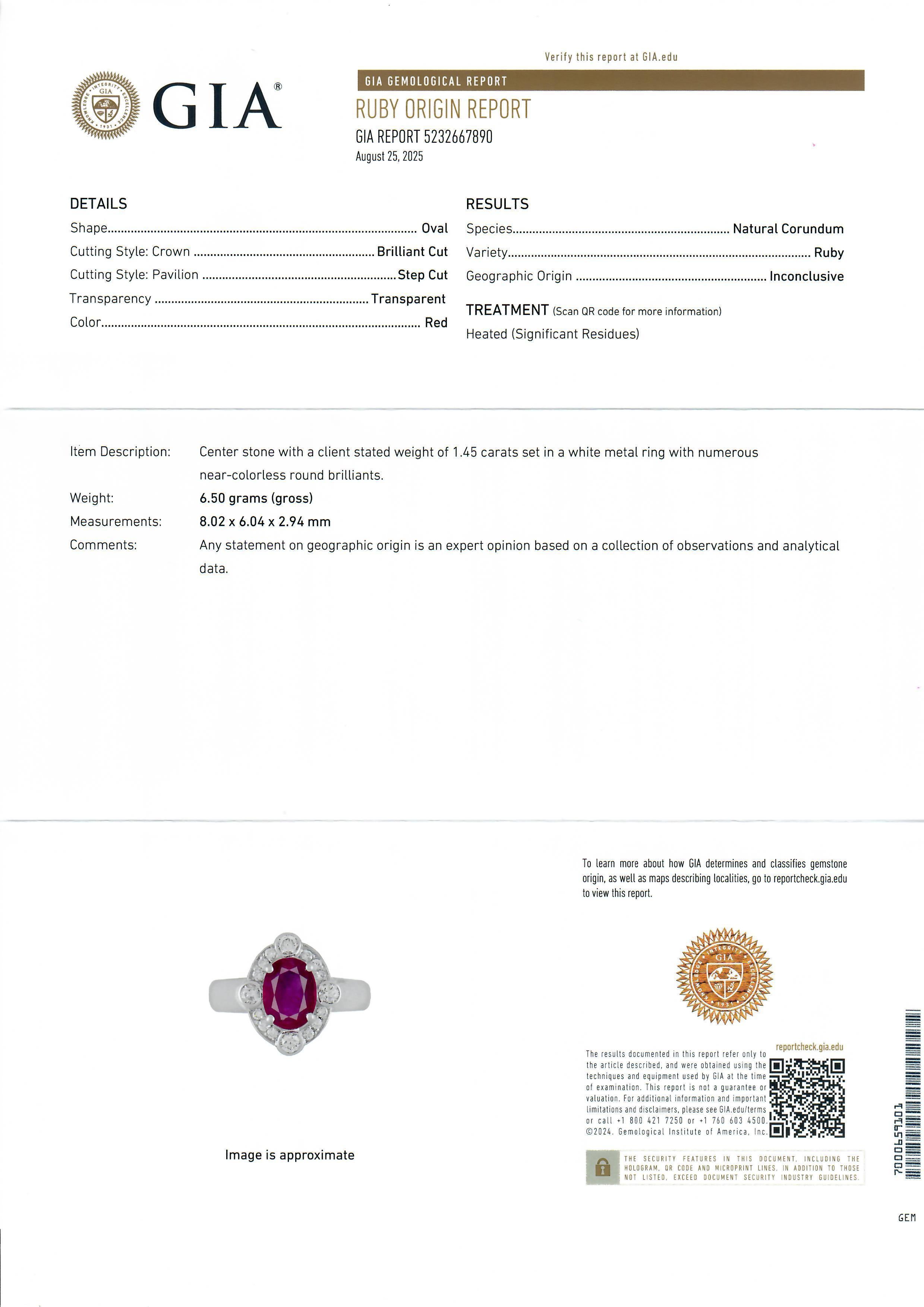 Anello in oro bianco 18k GIA 1,77ctw taglio ovale con rubino rosso vivo e diamante a raggiera in vendita 6