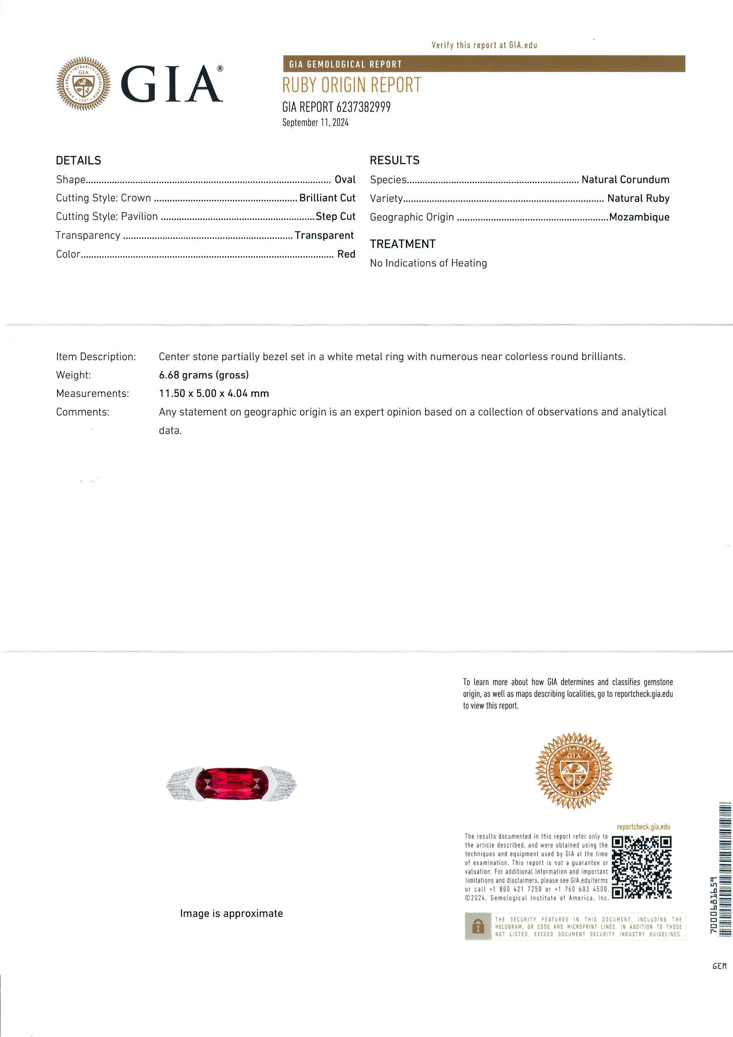 Bague en or blanc 18k GIA 2.04ctw Elongated No Heat Ruby Diamond Statement Band Ring Pour femmes en vente