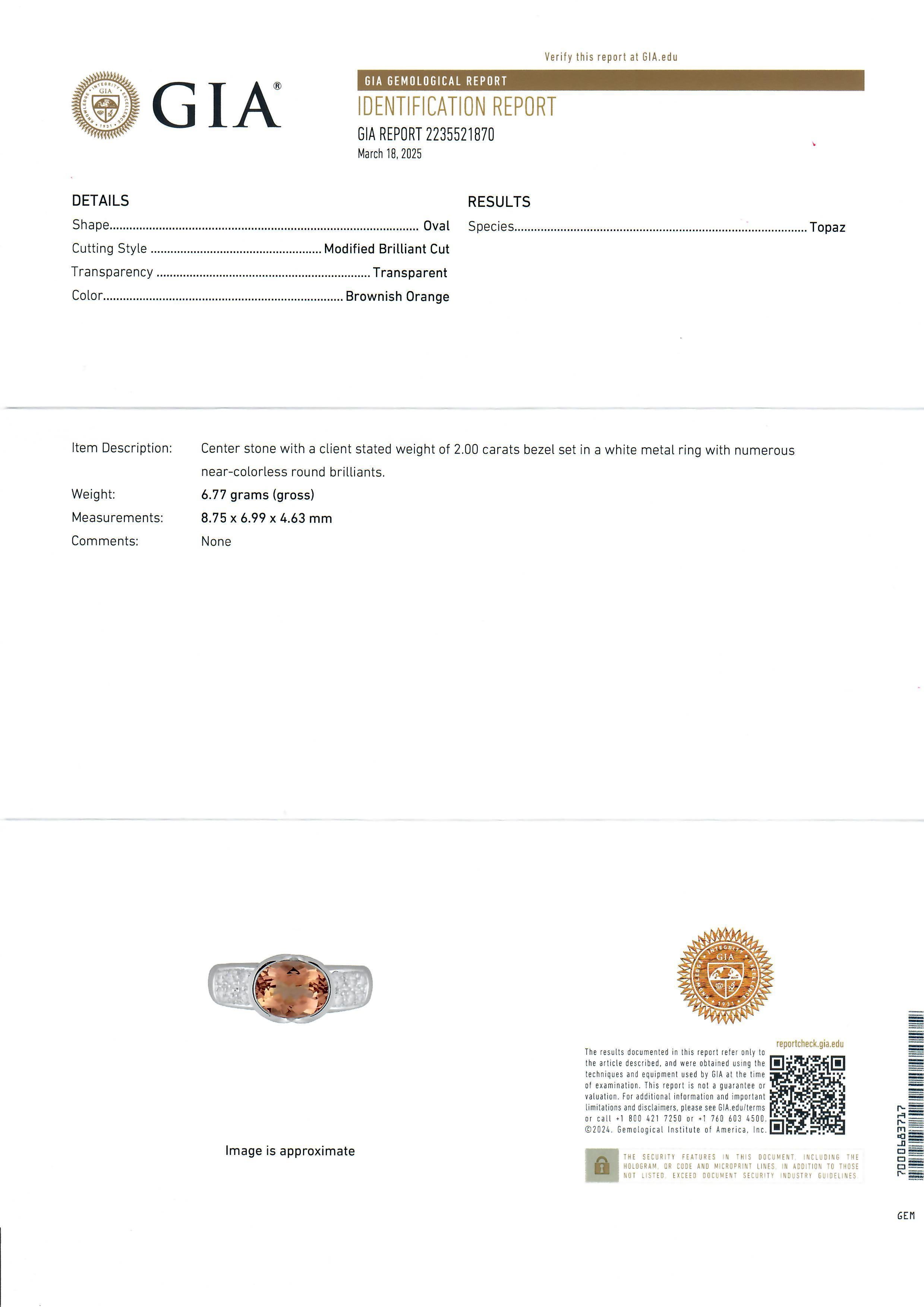 18k White Gold GIA 2.40ctw Oval Orange Precious Topaz & Diamond Band Ring For Sale 3