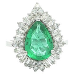 18k White Gold GIA 3.01ct Pear Cut Minor Oil Emerald w/ Diamond Ballerina Ring