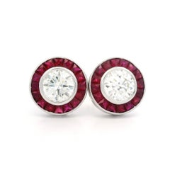 18k White Gold GIA 3.22ctw Round Diamond French Cut Ruby Halo Stud Earrings