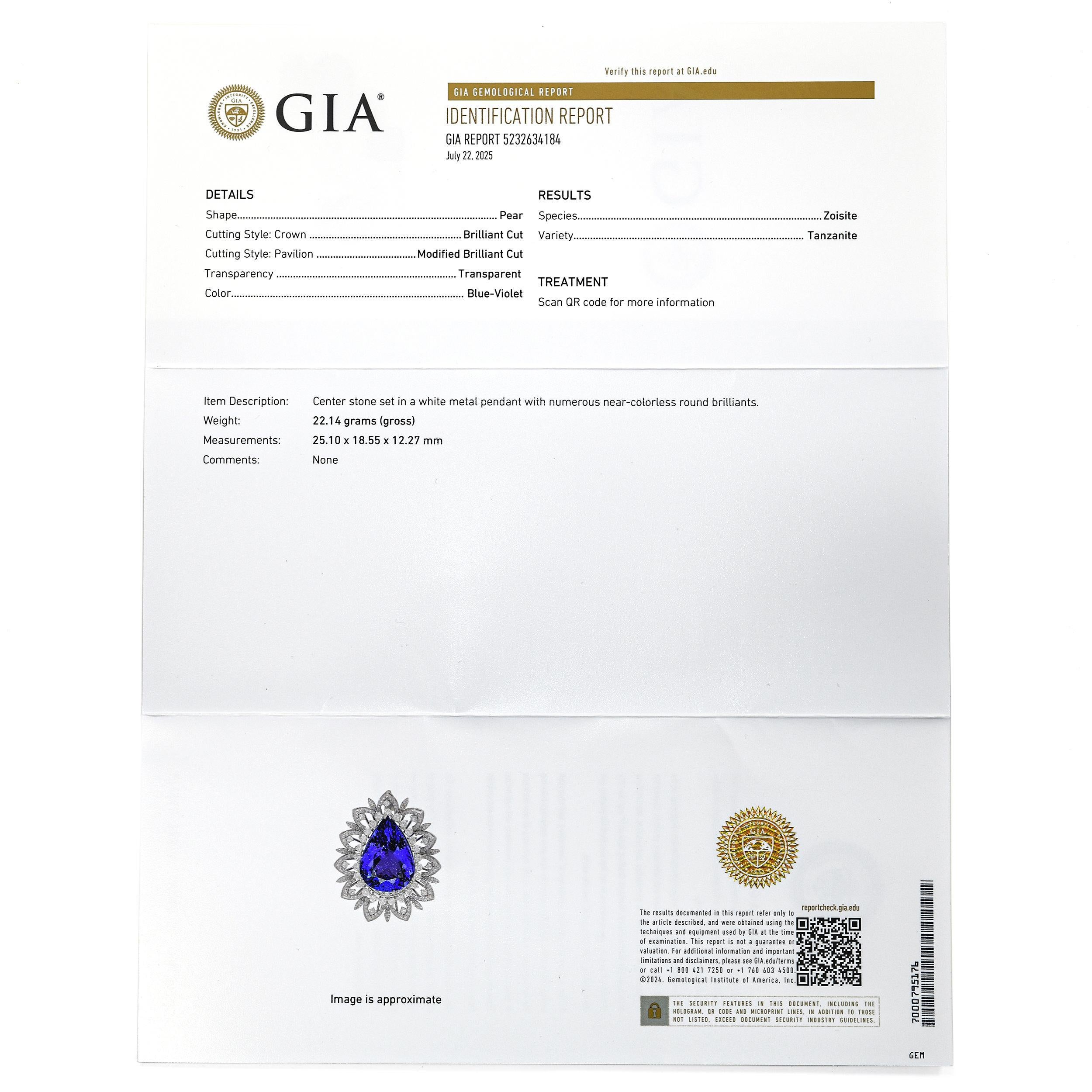 Colgante de oro blanco de 18 quilates con tanzanita GIA de 32,82 ct y diamantes de 4,32 tcw en Bueno estado para la venta en New York, NY