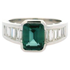 18k White Gold Gia 3.36ctw Half Bezel Greenish Blue Sapphire & Diamond Ring