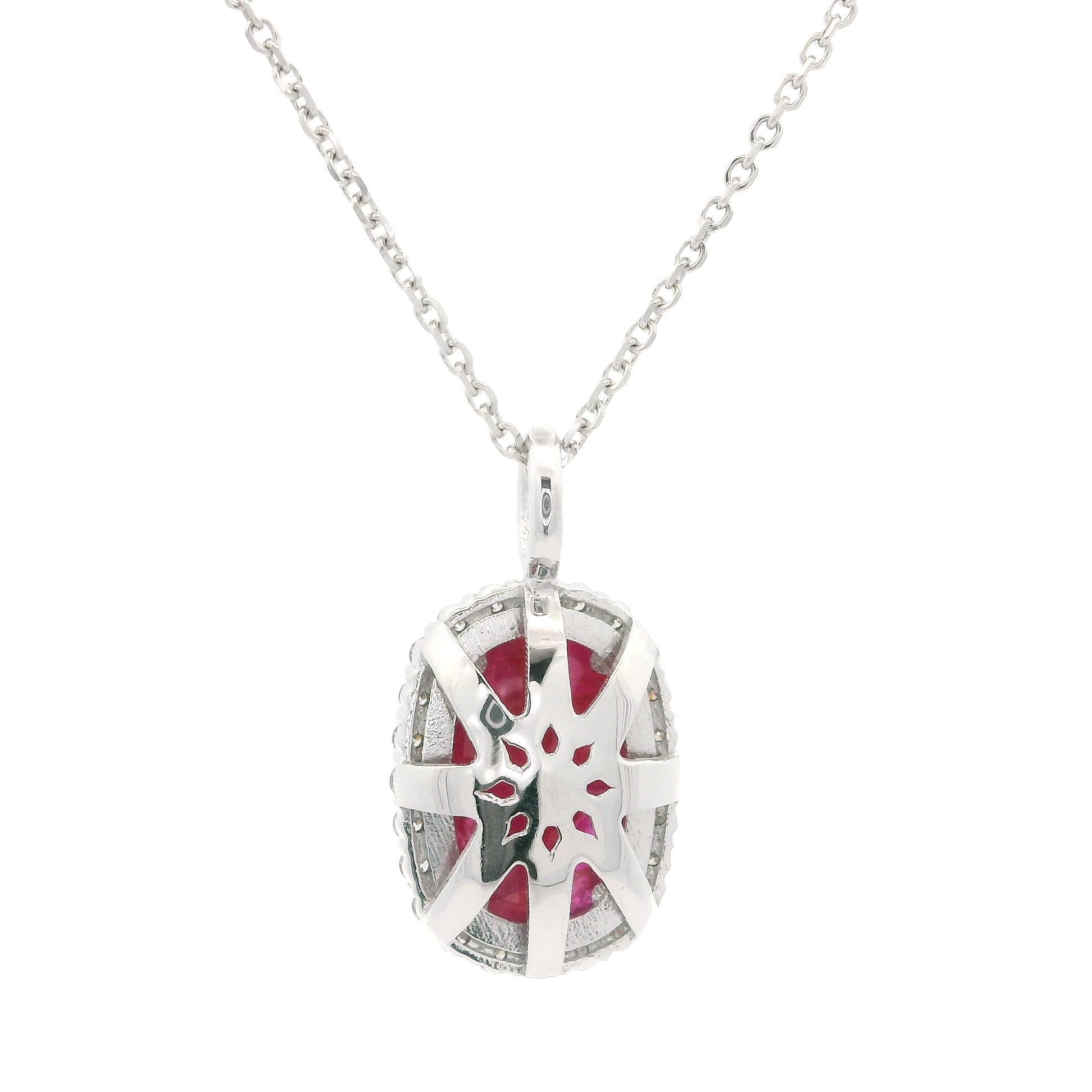 18k White Gold GIA 4.30ctw Burma NO Heat Ruby Diamond Halo Pendant Necklace In New Condition In Montclair, NJ