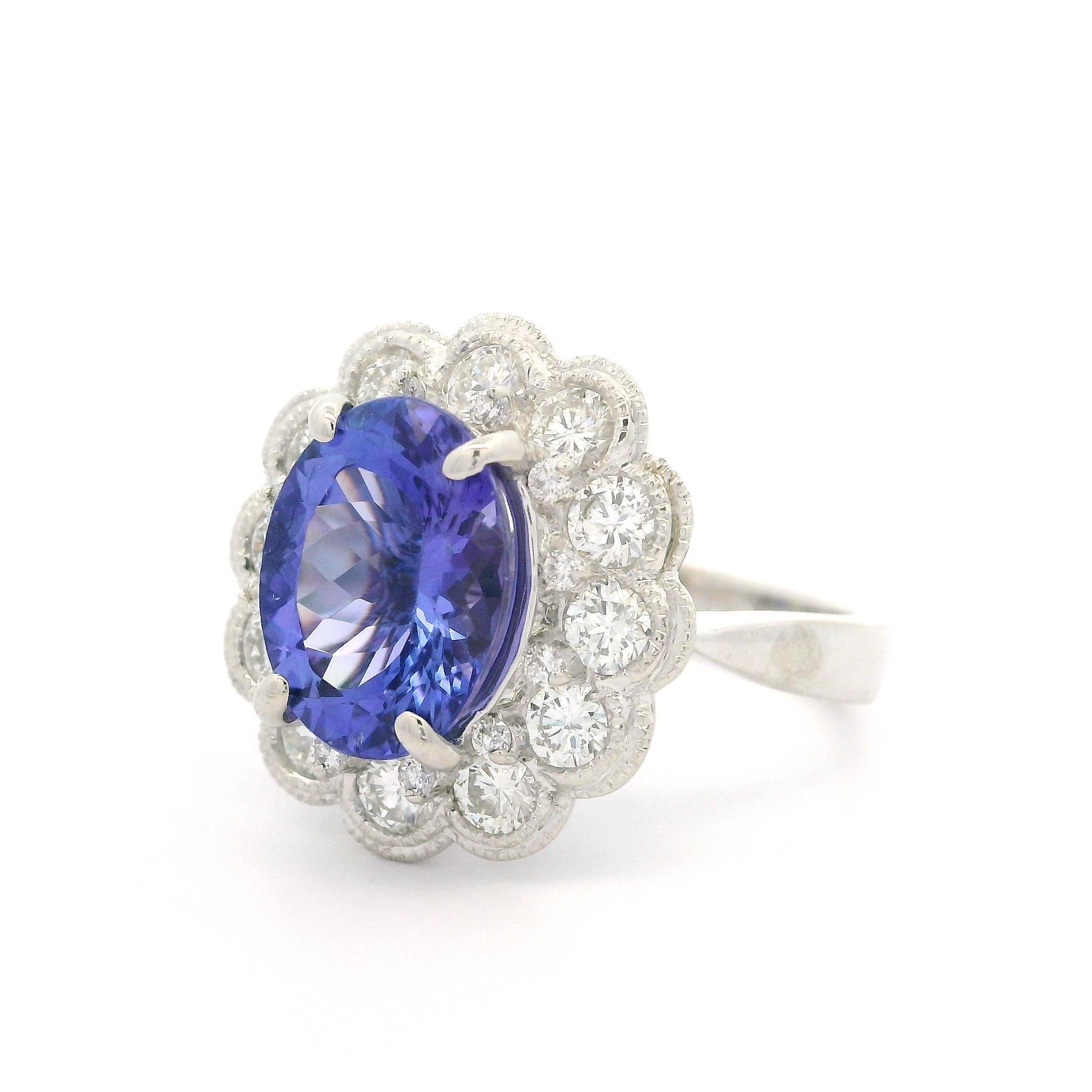 18k White Gold GIA 4.49ctw Tanzanite & Bezel Diamond Halo Cocktail Ring 5