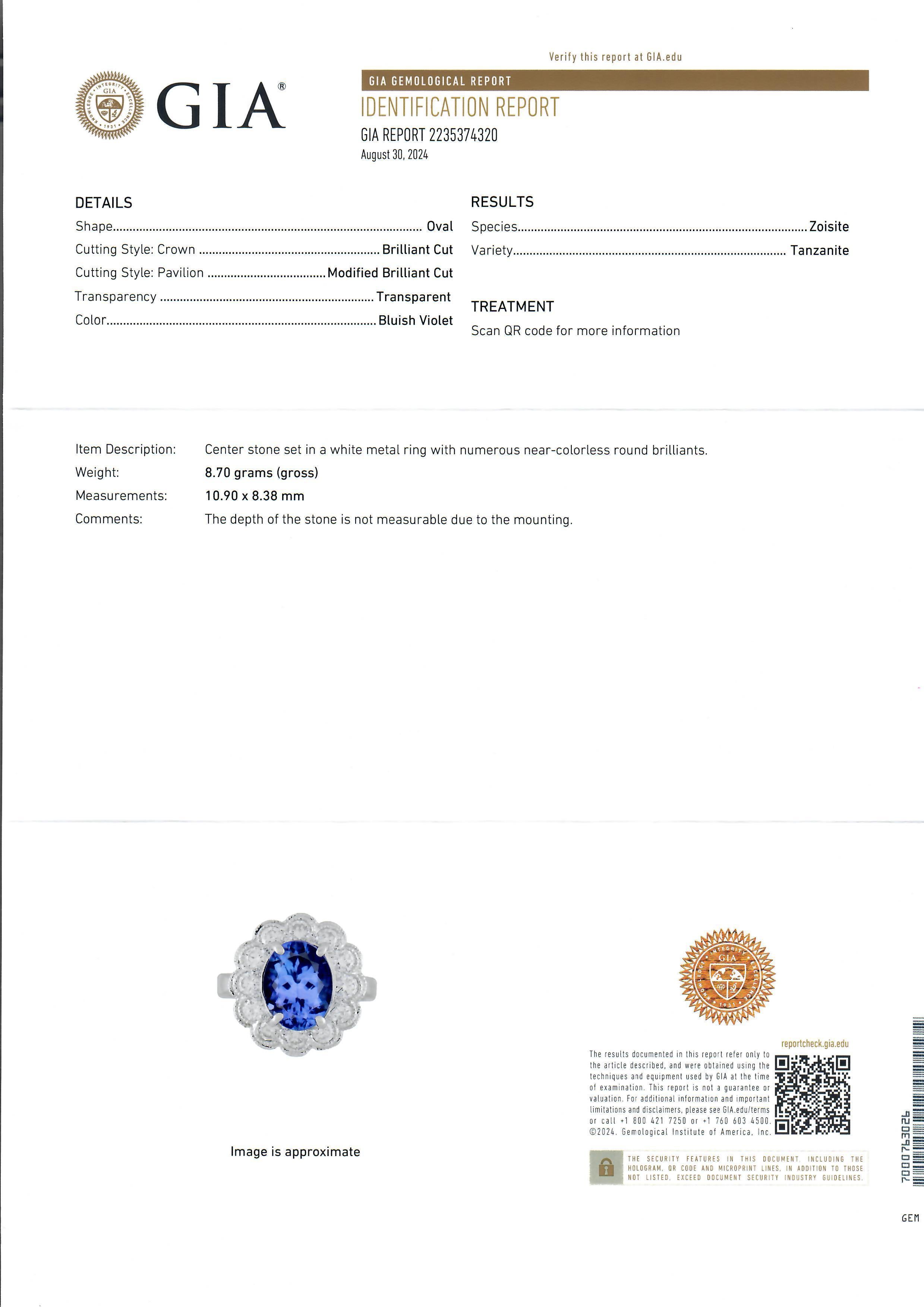 Oval Cut 18k White Gold GIA 4.49ctw Tanzanite & Bezel Diamond Halo Cocktail Ring
