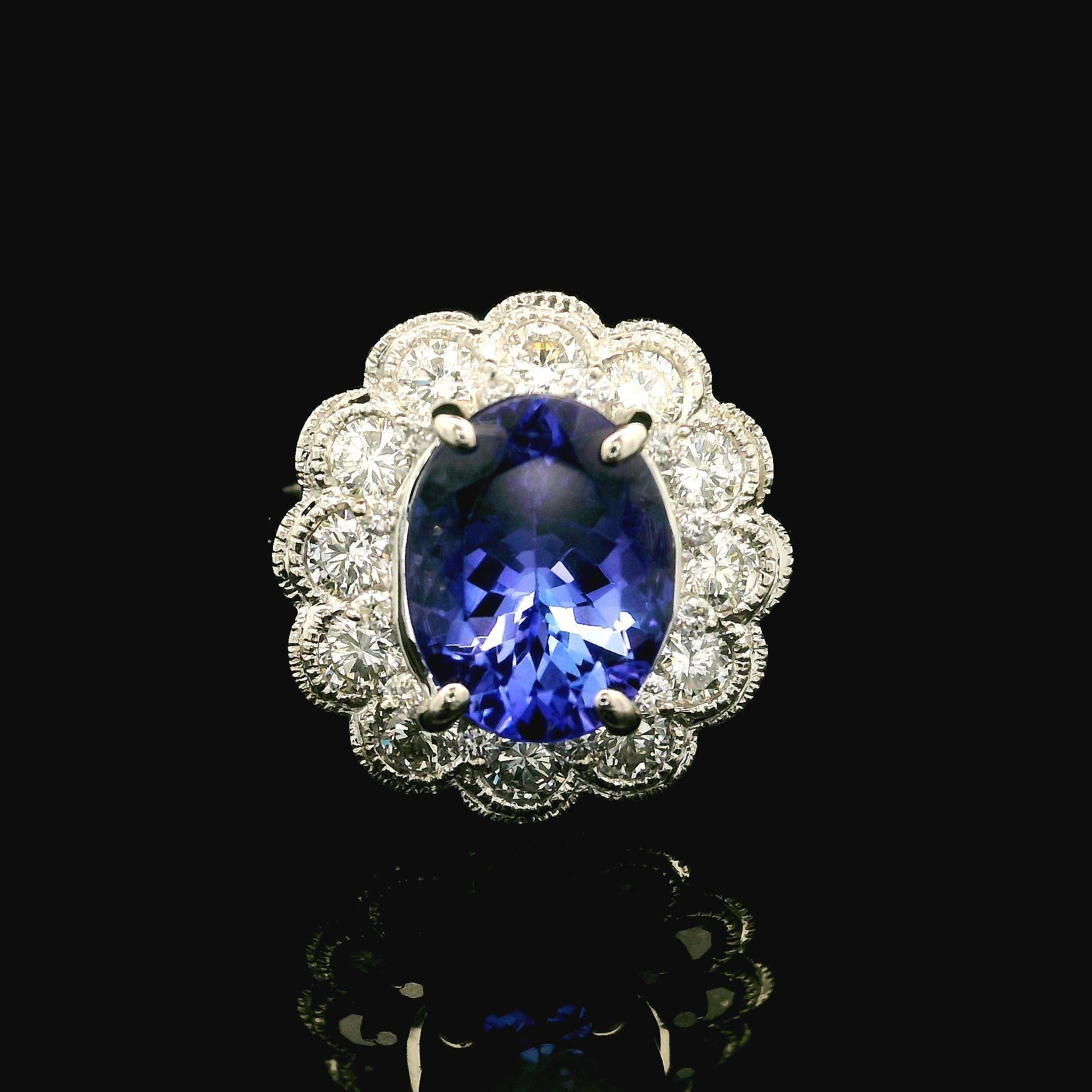 18k White Gold GIA 4.49ctw Tanzanite & Bezel Diamond Halo Cocktail Ring In Excellent Condition In Montclair, NJ
