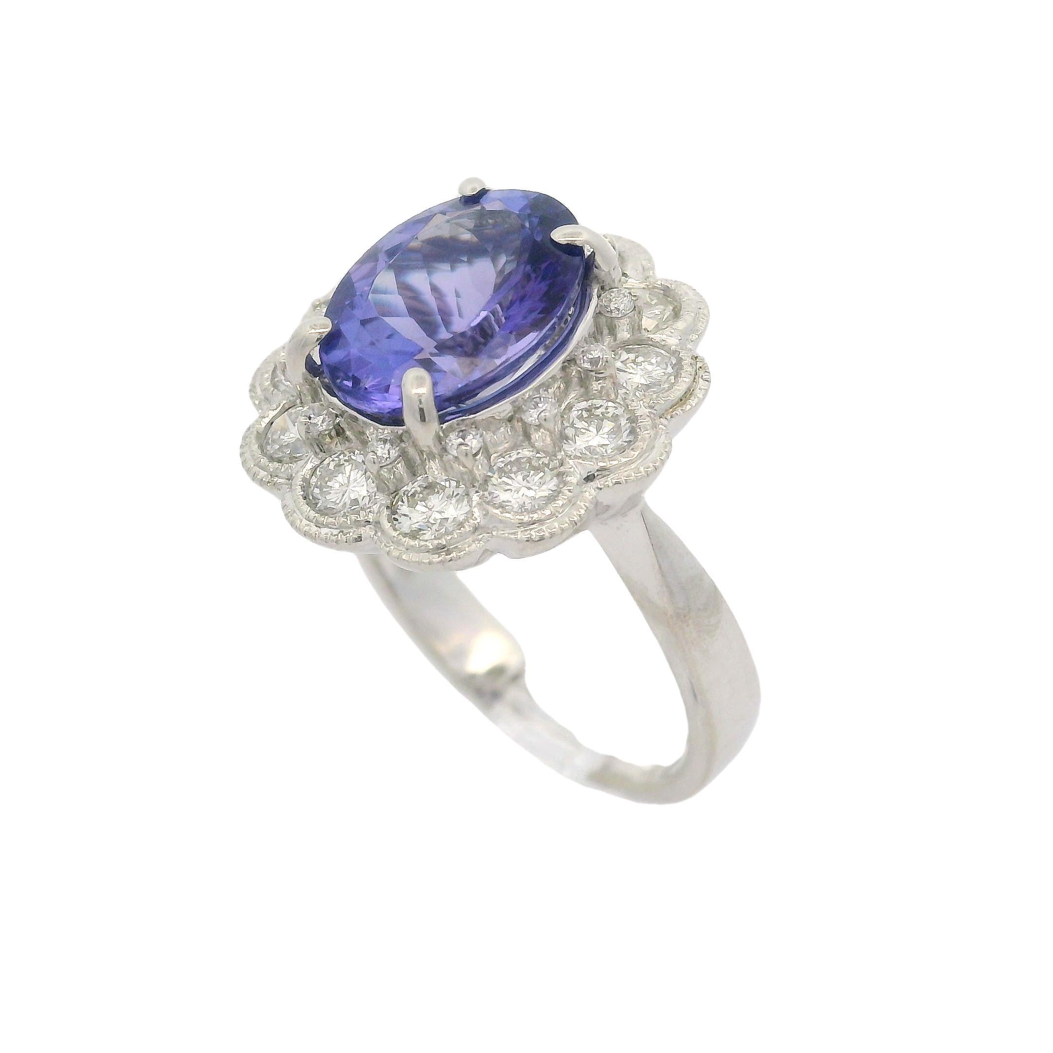 18k White Gold GIA 4.49ctw Tanzanite & Bezel Diamond Halo Cocktail Ring 1