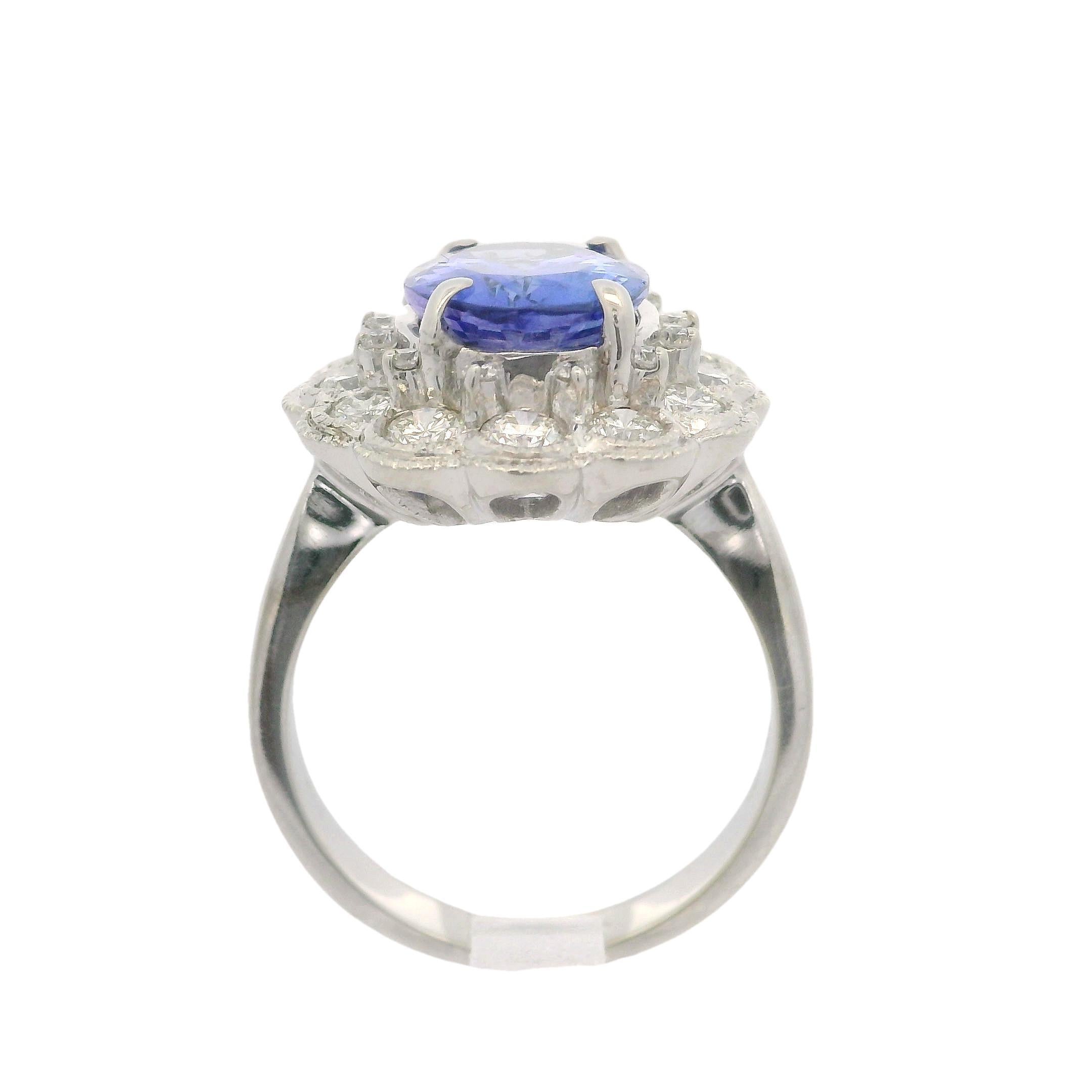18k White Gold GIA 4.49ctw Tanzanite & Bezel Diamond Halo Cocktail Ring 2