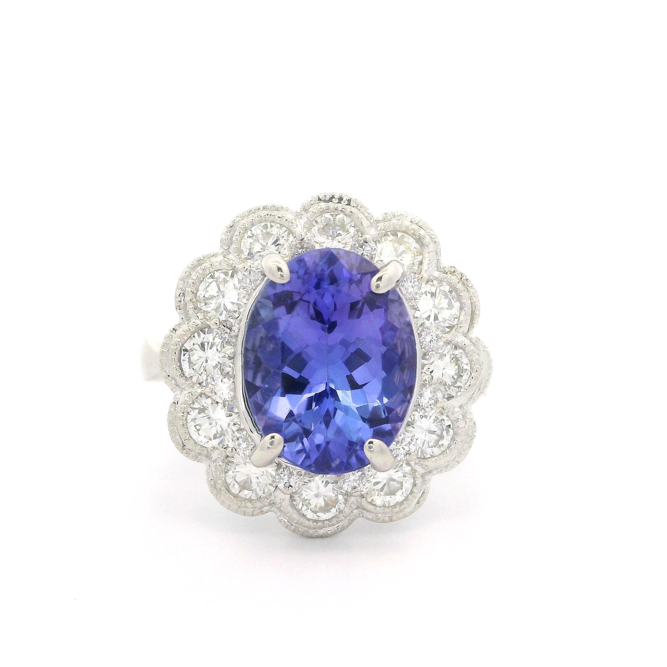 18k White Gold GIA 4.49ctw Tanzanite & Bezel Diamond Halo Cocktail Ring 3