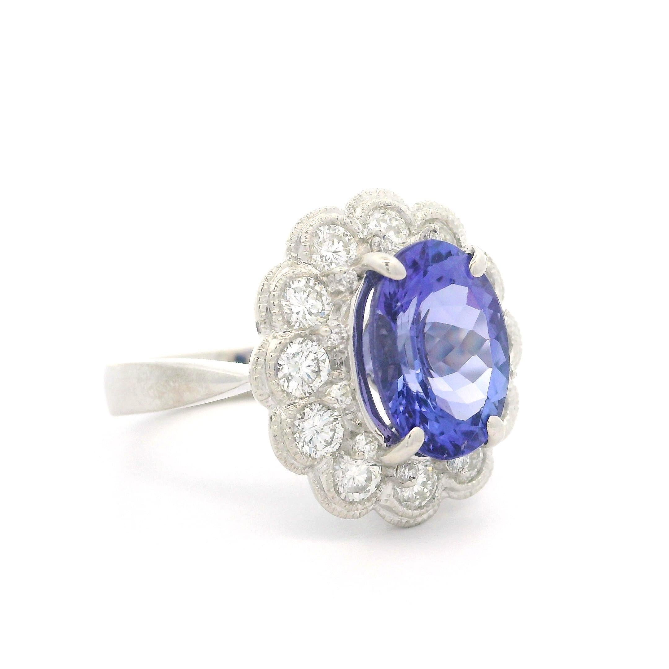 18k White Gold GIA 4.49ctw Tanzanite & Bezel Diamond Halo Cocktail Ring 4