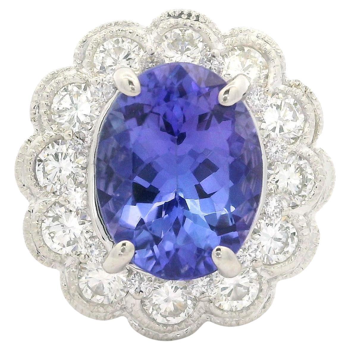 Anillo de cóctel con halo de tanzanita y diamantes en bisel de oro blanco de 18 quilates con GIA de 4,49 ctw