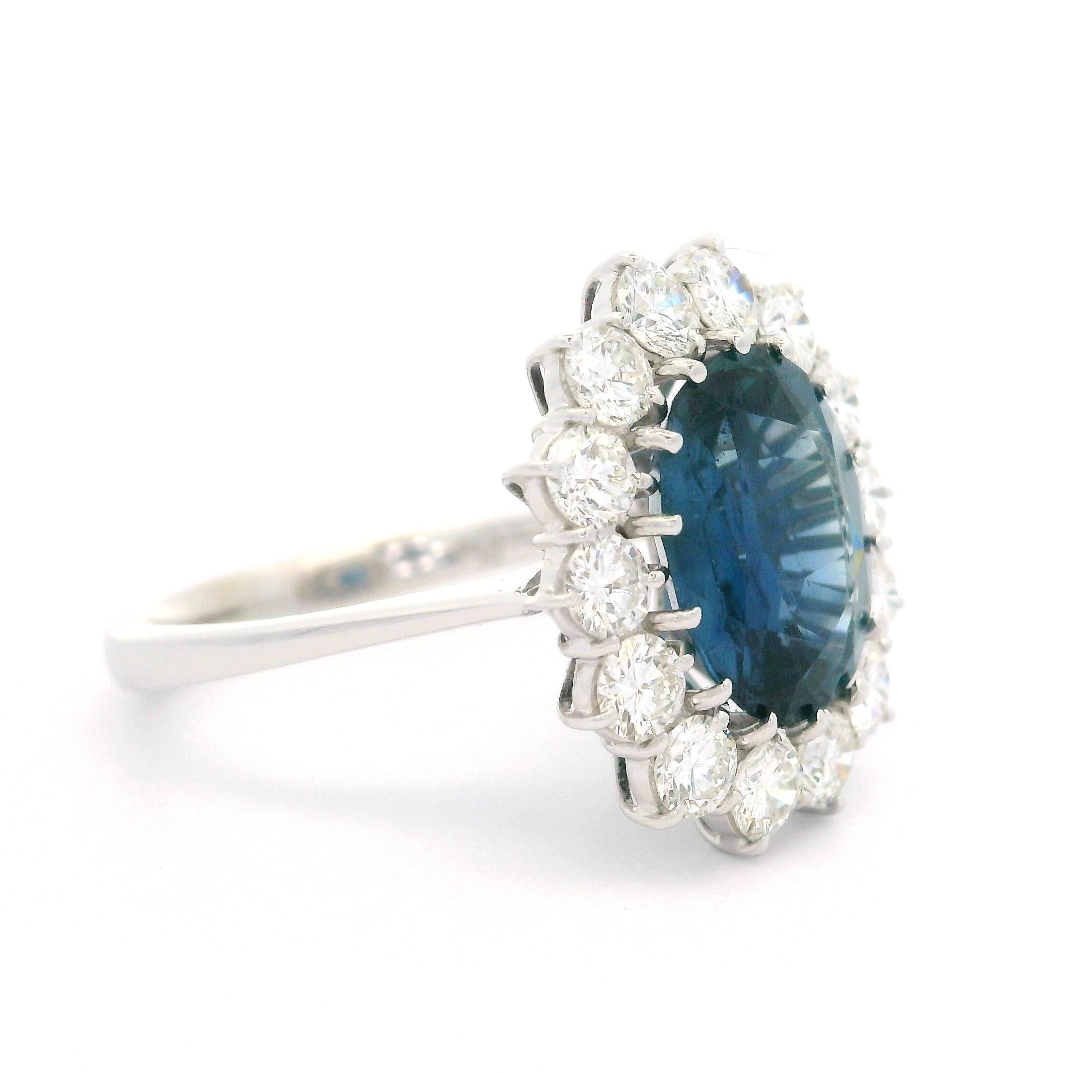 18k White Gold GIA 4.65ctw Sapphire Diamond Halo Princess Diana Ring For Sale 5