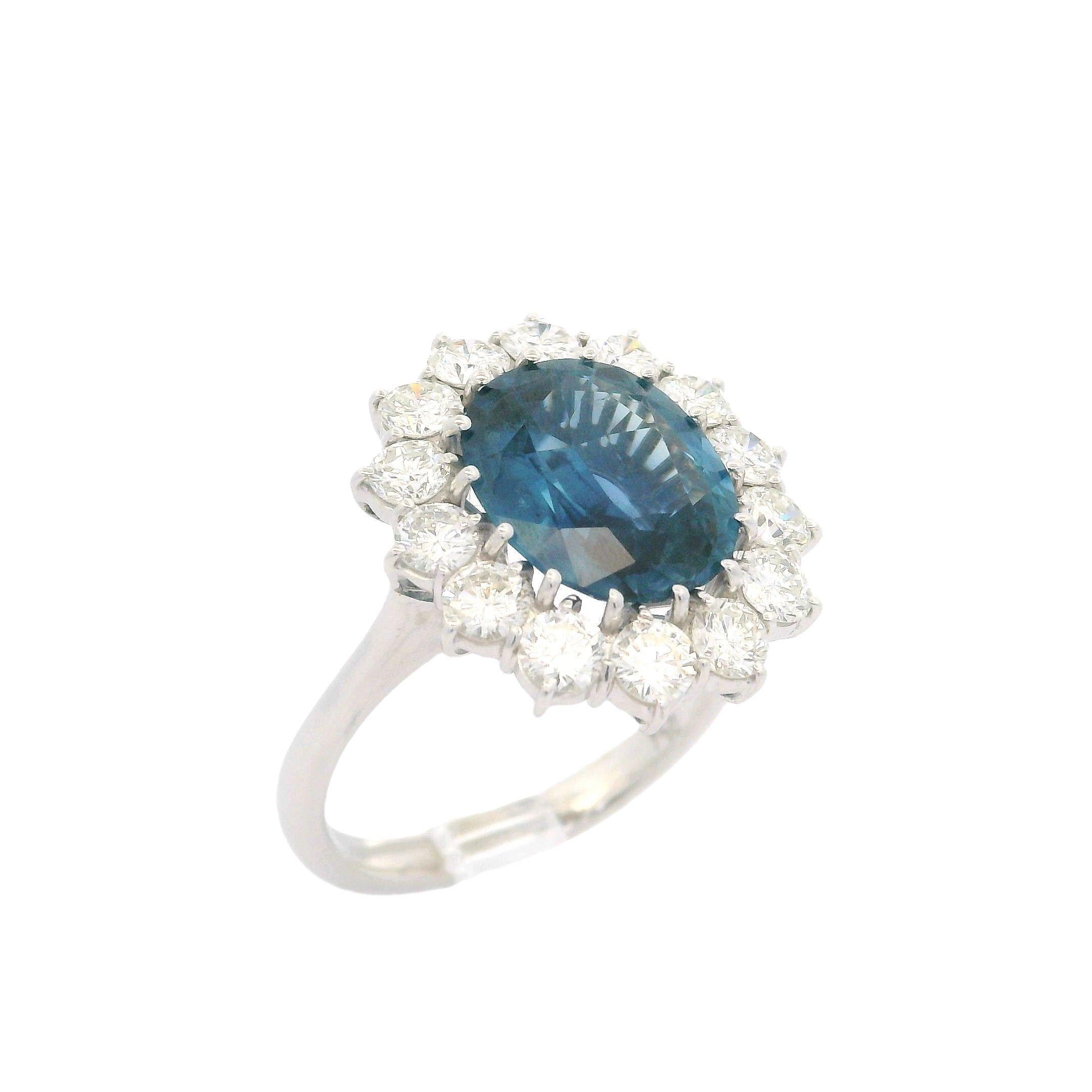 18k White Gold GIA 4.65ctw Sapphire Diamond Halo Princess Diana Ring For Sale 7