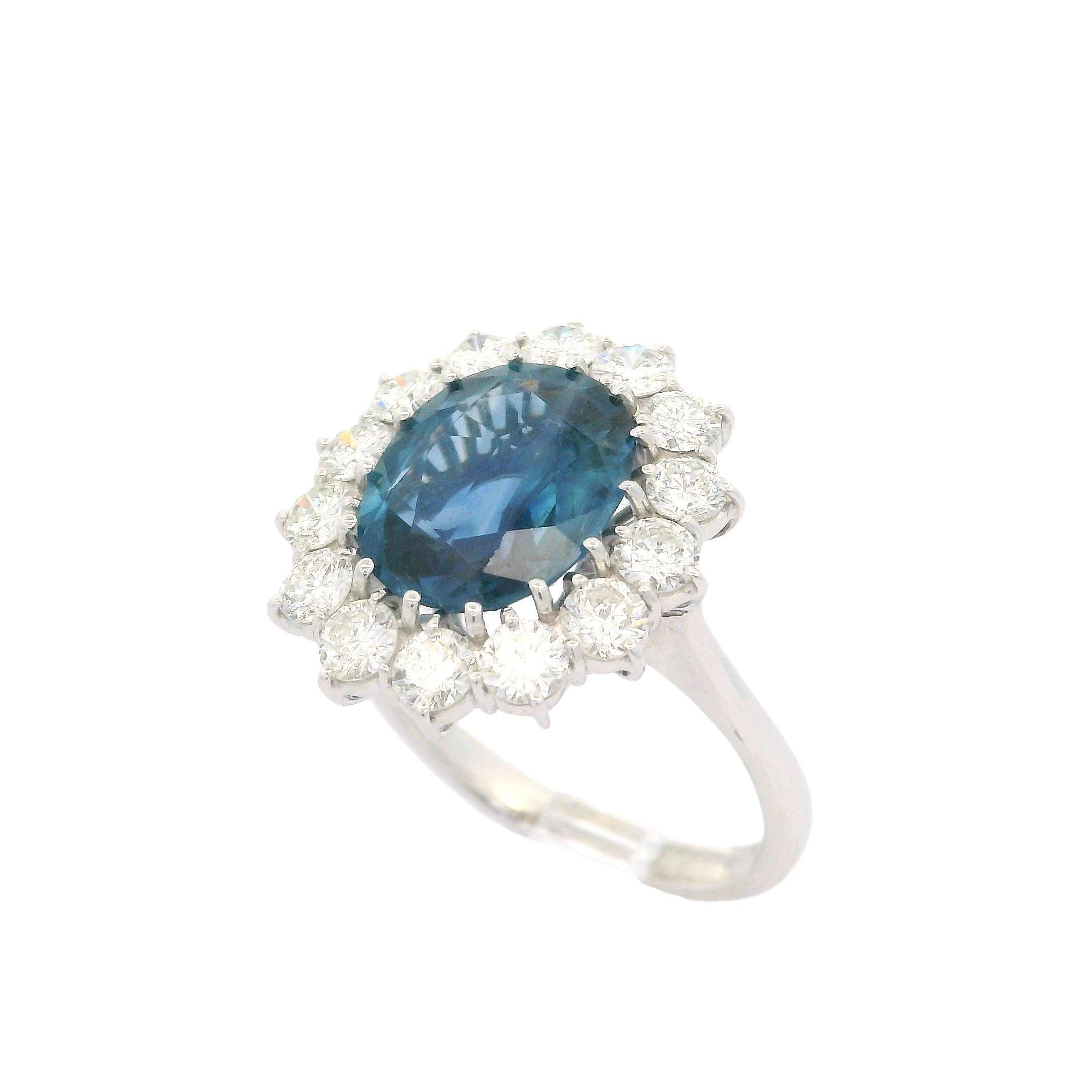 18k White Gold GIA 4.65ctw Sapphire Diamond Halo Princess Diana Ring For Sale 8
