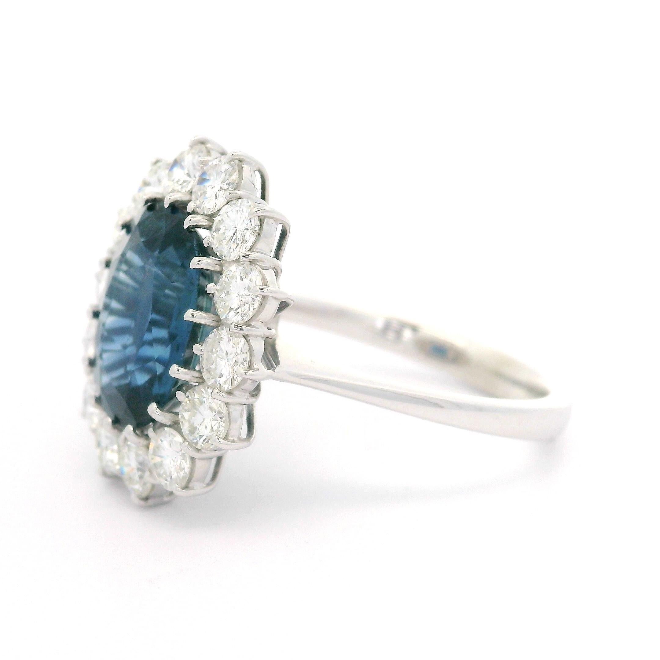 18k White Gold GIA 4.65ctw Sapphire Diamond Halo Princess Diana Ring For Sale 12