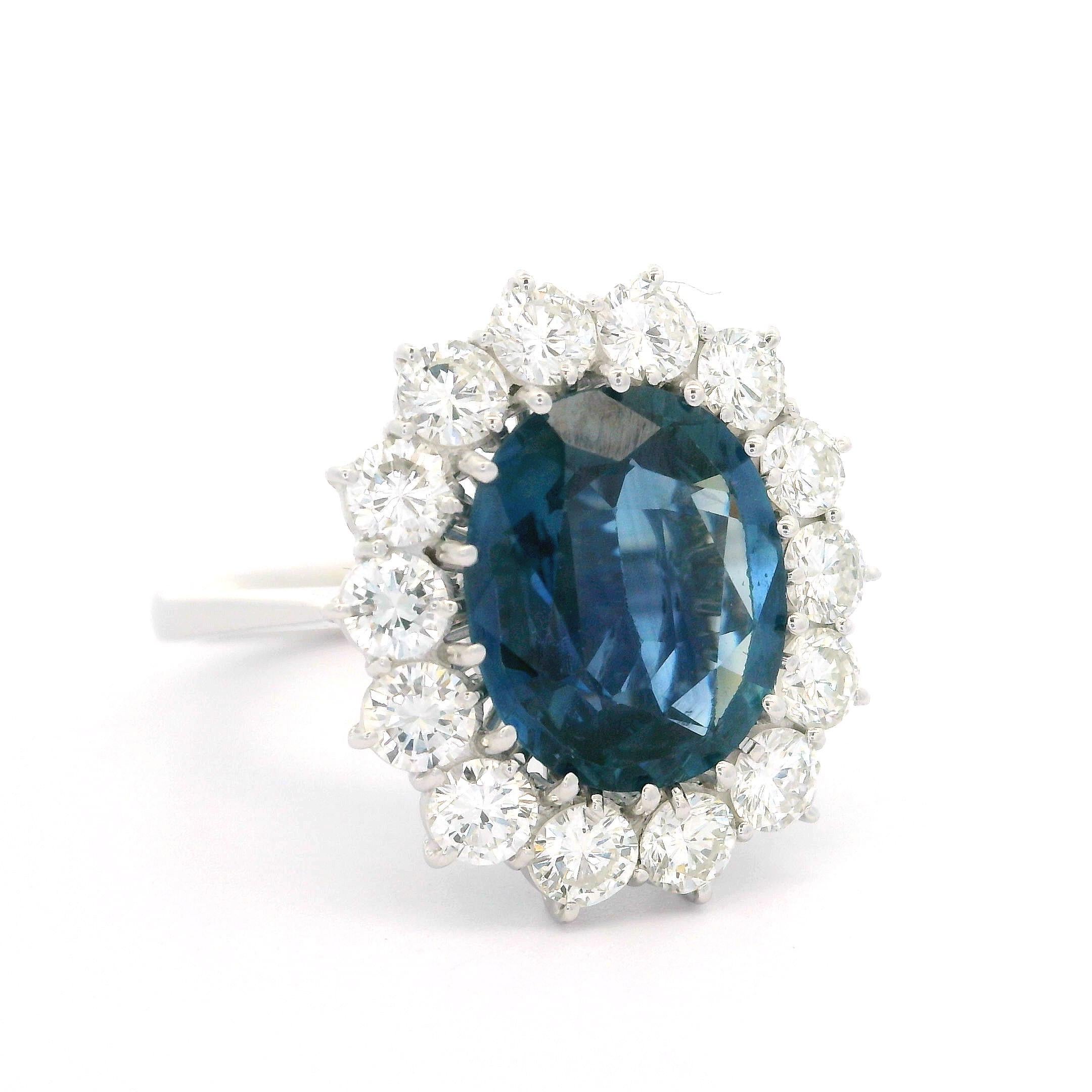 18k White Gold GIA 4.65ctw Sapphire Diamond Halo Princess Diana Ring For Sale 13