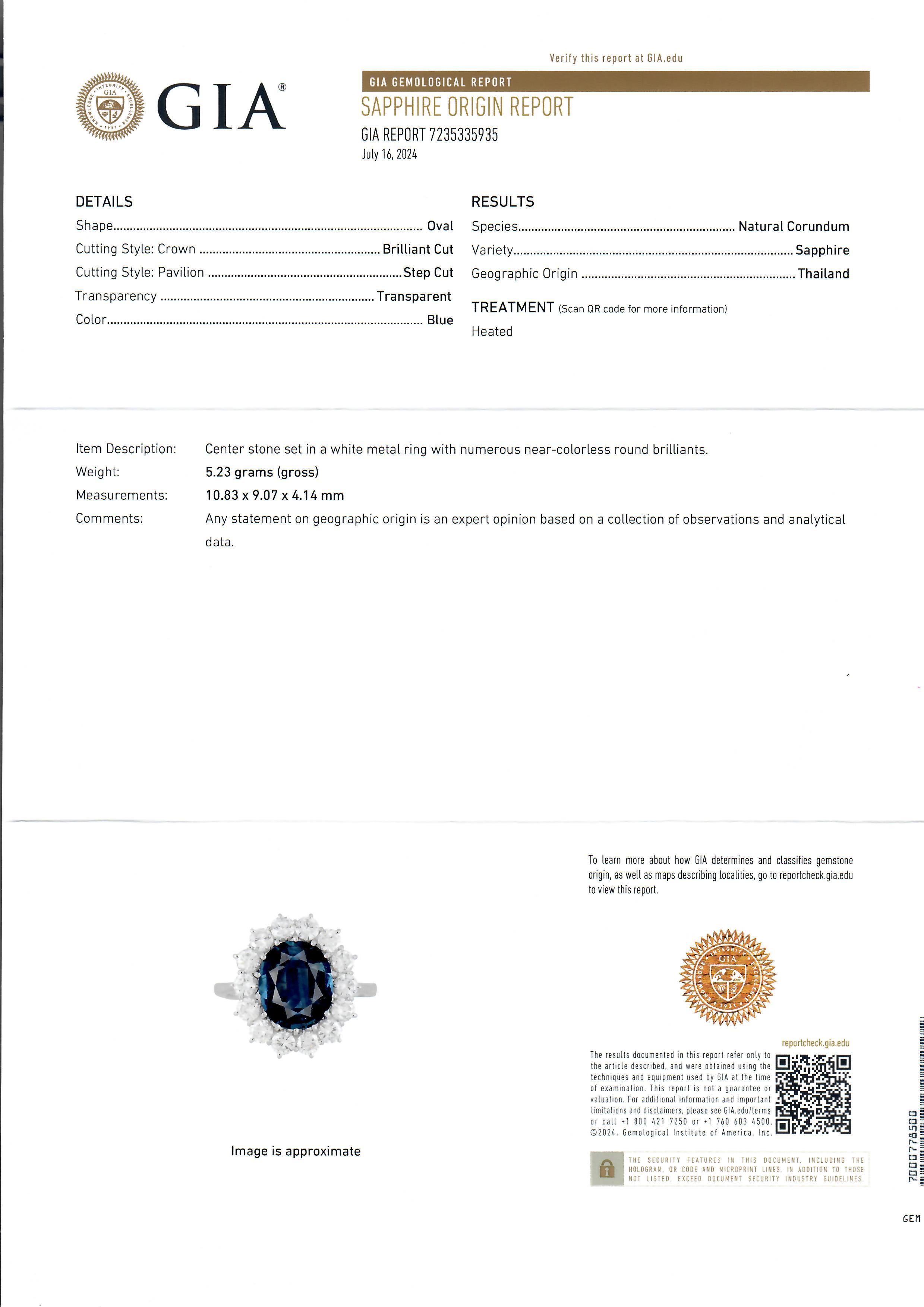 18k White Gold GIA 4.65ctw Sapphire Diamond Halo Princess Diana Ring For Sale 14