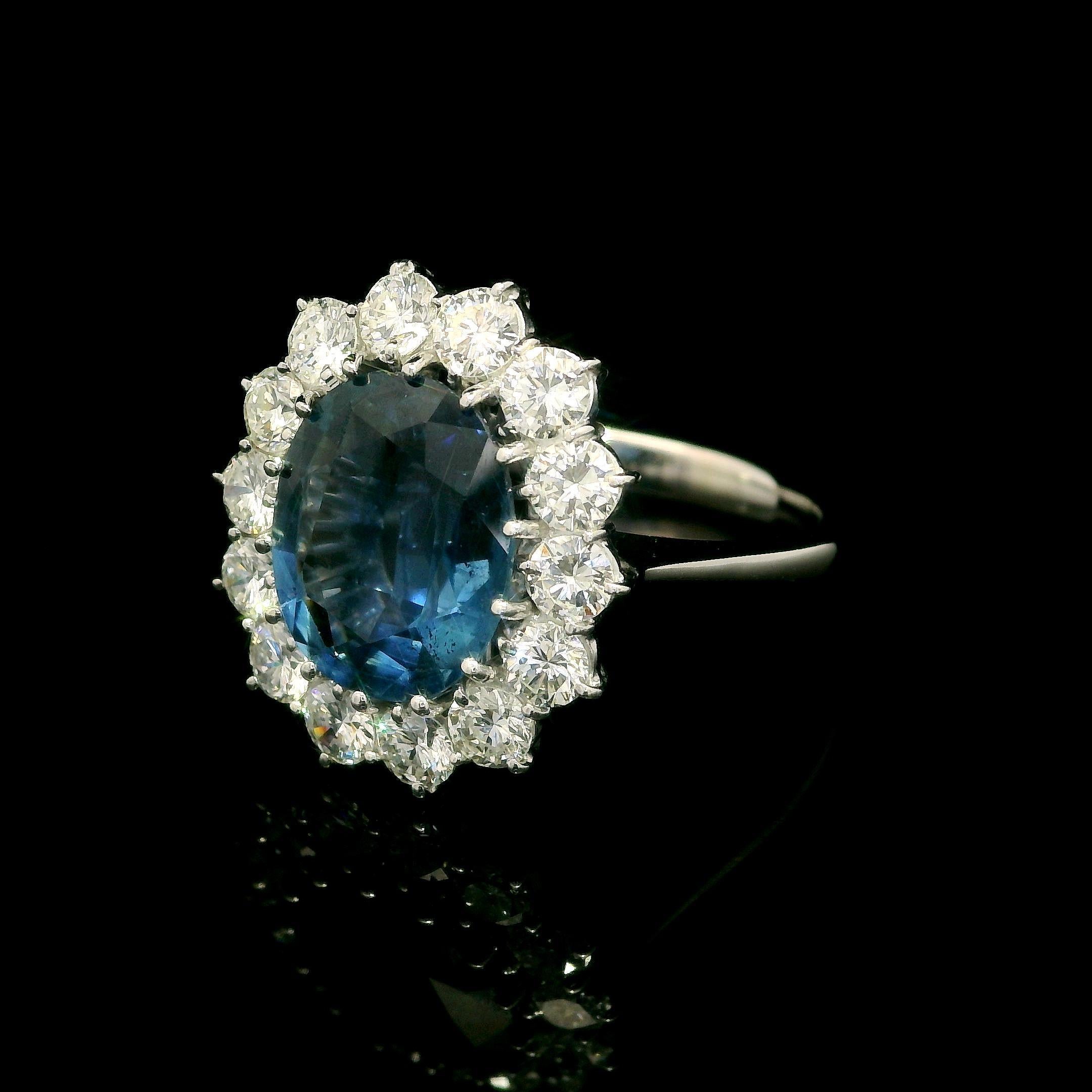 Oval Cut 18k White Gold GIA 4.65ctw Sapphire Diamond Halo Princess Diana Ring For Sale