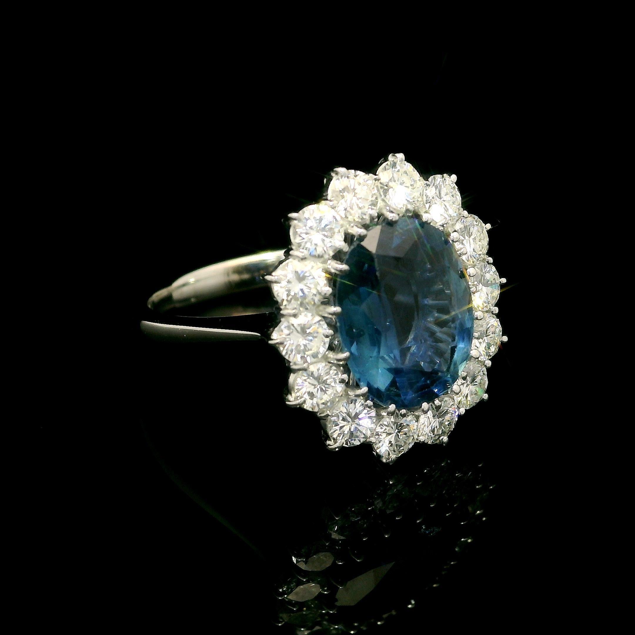 18k White Gold GIA 4.65ctw Sapphire Diamond Halo Princess Diana Ring In Excellent Condition For Sale In Montclair, NJ