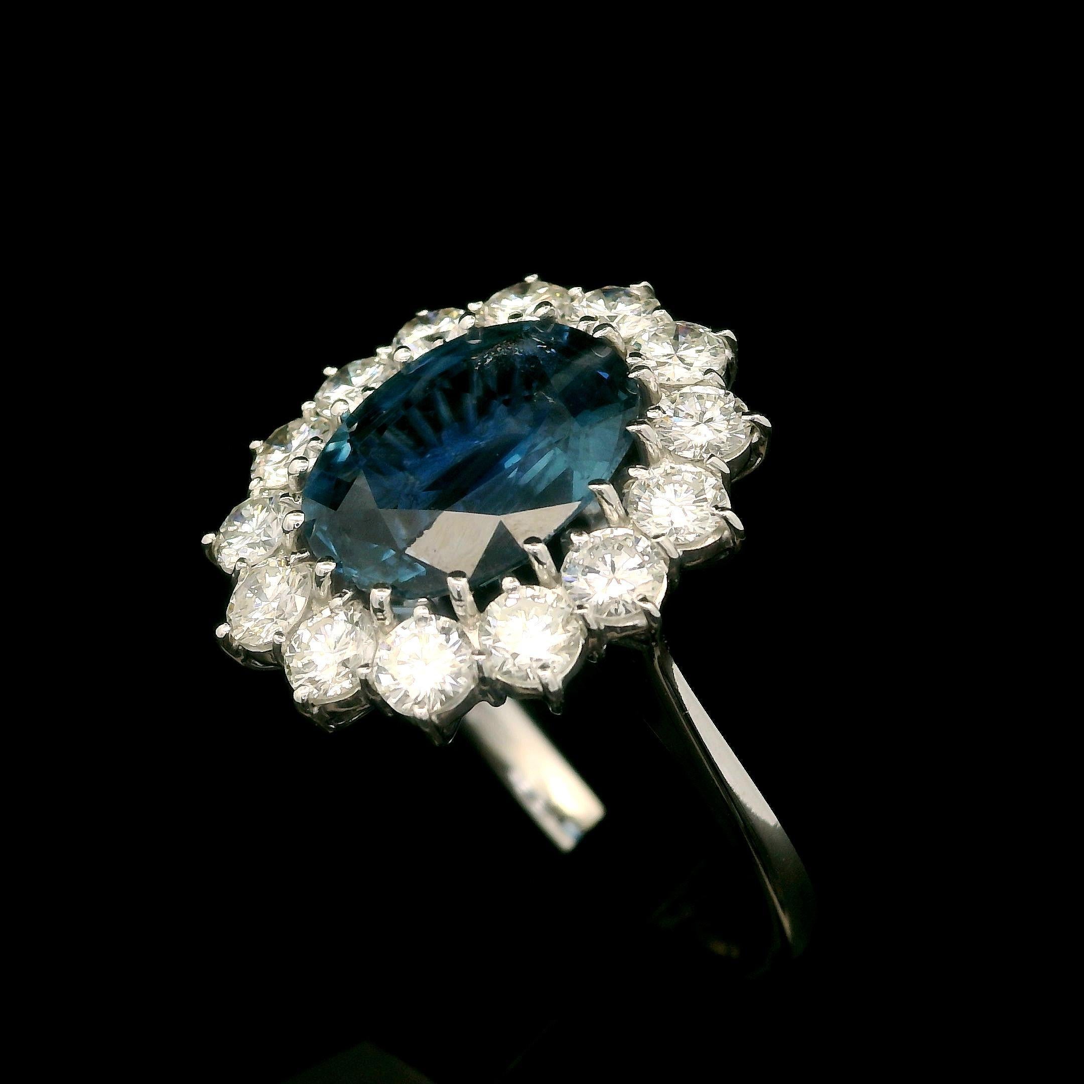 18k White Gold GIA 4.65ctw Sapphire Diamond Halo Princess Diana Ring For Sale 2