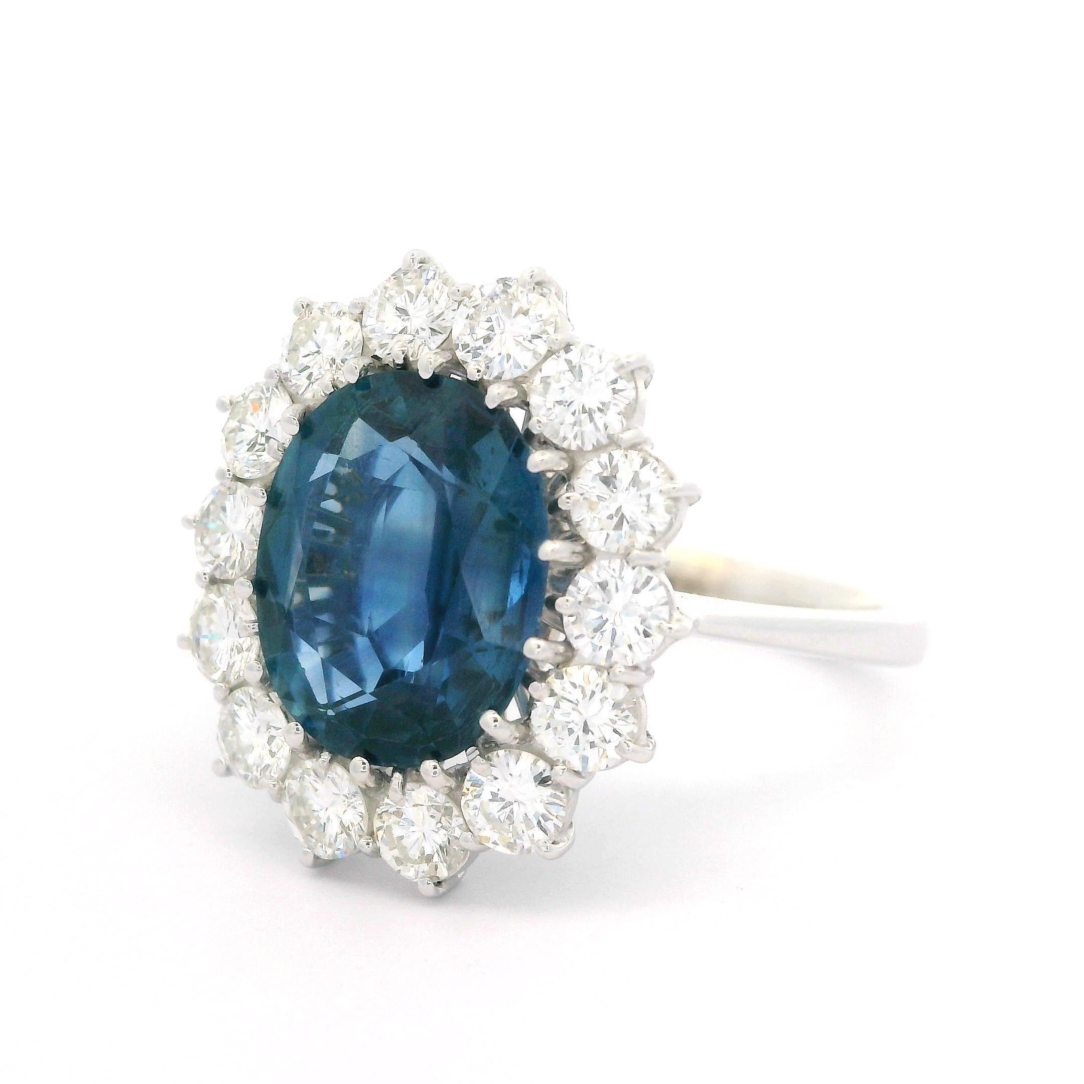 18k White Gold GIA 4.65ctw Sapphire Diamond Halo Princess Diana Ring For Sale 4