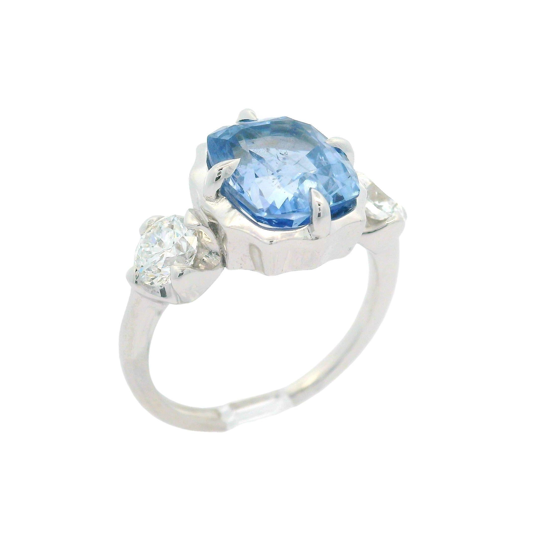 18k White Gold GIA 5.36ct Cushion Periwinkle Blue Sapphire and Diamond Ring For Sale 6