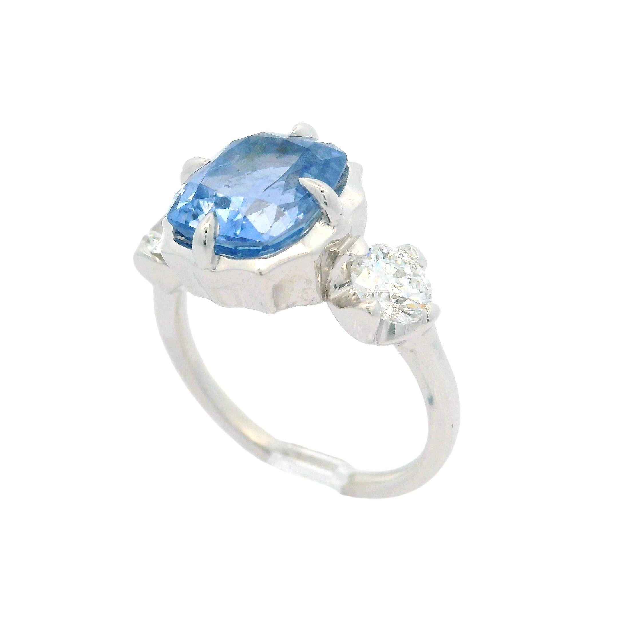 18k White Gold GIA 5.36ct Cushion Periwinkle Blue Sapphire and Diamond Ring For Sale 8