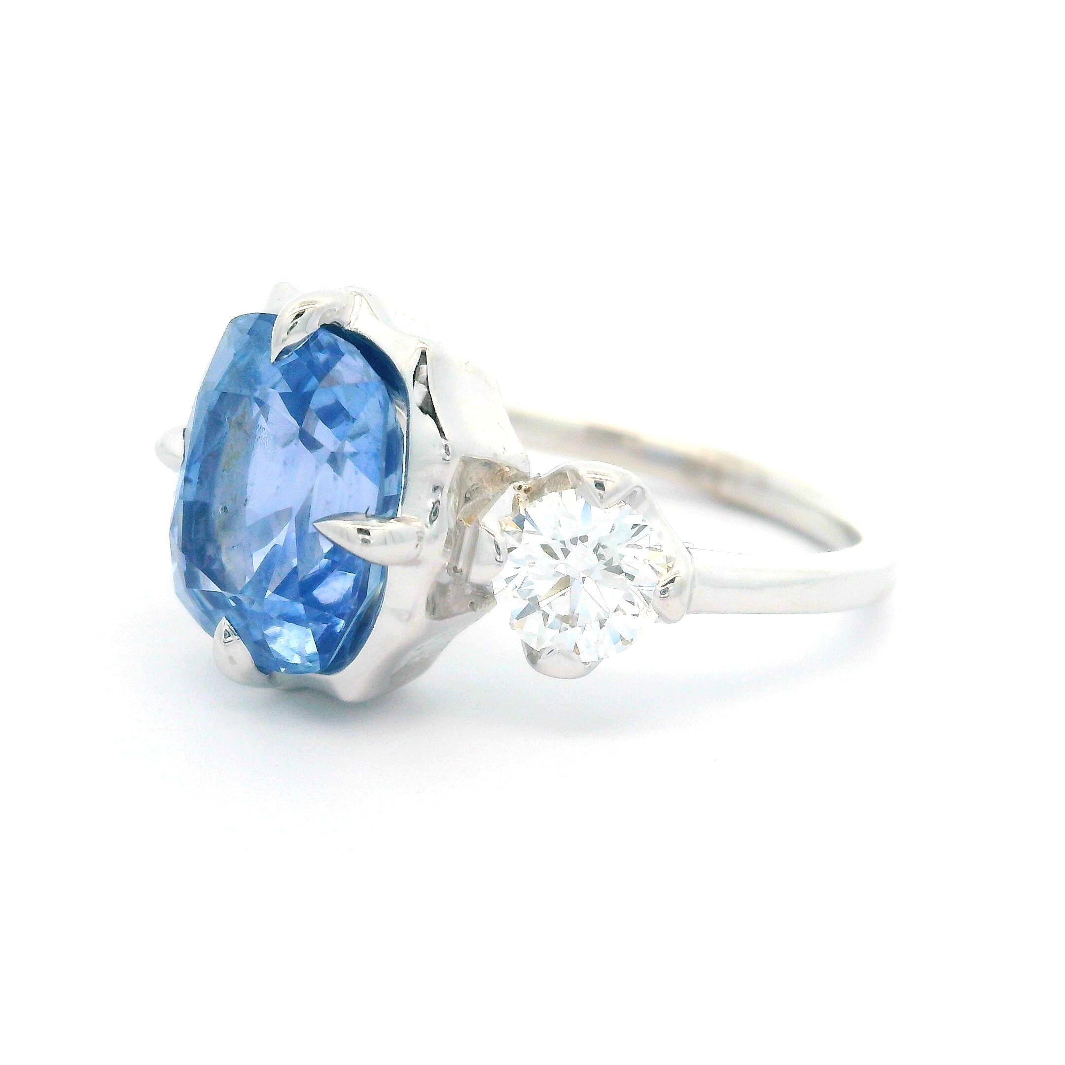 18k White Gold GIA 5.36ct Cushion Periwinkle Blue Sapphire and Diamond Ring For Sale 9